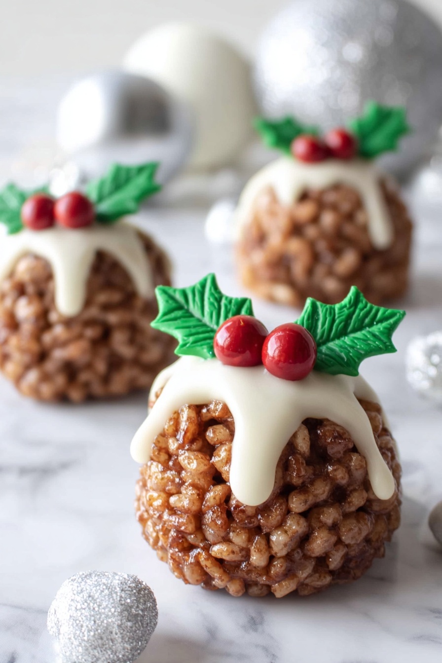 The image shows five round, brown crispy balls made from puffed cereal, each topped with a white icing layer that drips slightly down the sides. On top of the icing, there is a decoration of two green holly leaves and three small red berries made from fondant or icing, creating a festive look. The balls are placed on a white marbled surface, surrounded by white and silver Christmas ornaments, adding a holiday feel to the scene. The lighting is bright and soft, highlighting the texture of the cereal and the smoothness of the icing. photo taken with an iphone --ar 2:3 --v 7 - Chocolate Rice Krispie Christmas Puddings, Christmas dessert recipes, easy holiday treats, festive chocolate desserts, quick Christmas pudding ideas