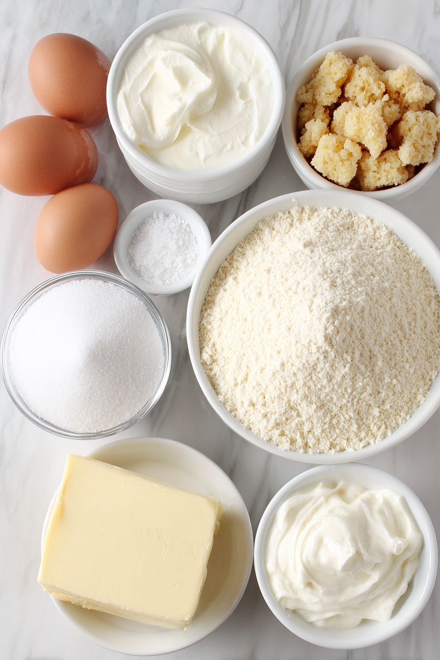 Flat lay of a small mound of finely ground blanched almond flour, a small bowl of powdered sugar, three large whole uncracked brown eggs, a small white bowl of granulated sugar, a small white bowl of cream of tartar powder, a small white bowl with a dab of vibrant green gel food coloring, a small slab of unsalted butter softened, a small white bowl of powdered sugar for filling, a small white bowl of heavy cream, a small pile of finely crumbled snack cake pieces, a small white bowl of vanilla extract, and a small pinch of salt placed neatly in a simple white ceramic bowl, all arranged symmetrically on a clean white marble surface, soft natural light, photo taken with an iPhone, professional food photography style, fresh ingredients, white ceramic bowls, no bottles, no duplicates, no utensils, no packaging --ar 2:3 --v 7 --p m7354615311229779997 - Christmas Tree Macarons, festive holiday macarons, mint green Christmas cookies, holiday macaron recipes, Christmas dessert ideas