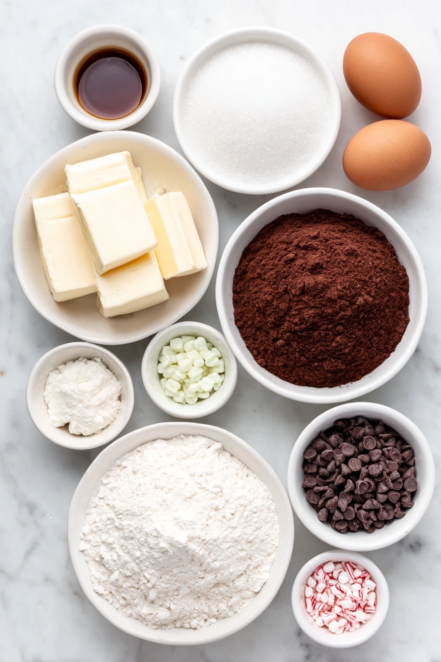 Flat lay of a small white ceramic bowl filled with unsalted butter sticks, a simple white ceramic bowl of granulated sugar, four whole uncracked brown eggs, a small white ceramic bowl with vanilla extract, a white ceramic bowl holding all-purpose flour, another white ceramic bowl with unsweetened cocoa powder, a tiny white ceramic bowl containing baking powder, a tiny white ceramic bowl with salt, a white ceramic bowl of semi-sweet chocolate chips, three small white ceramic bowls each with red, green, and white melted candy, and a few mini candy bows and festive sprinkles arranged neatly, all placed on a clean white marble surface, soft natural light, photo taken with an iPhone, professional food photography style, fresh ingredients, white ceramic bowls, no bottles, no duplicates, no utensils, no packaging --ar 2:3 --v 7 --p m7354615311229779997 - Festive Chocolate Brownie Gifts, holiday brownie gifts, Christmas brownie treats, holiday dessert ideas, festive baking recipes