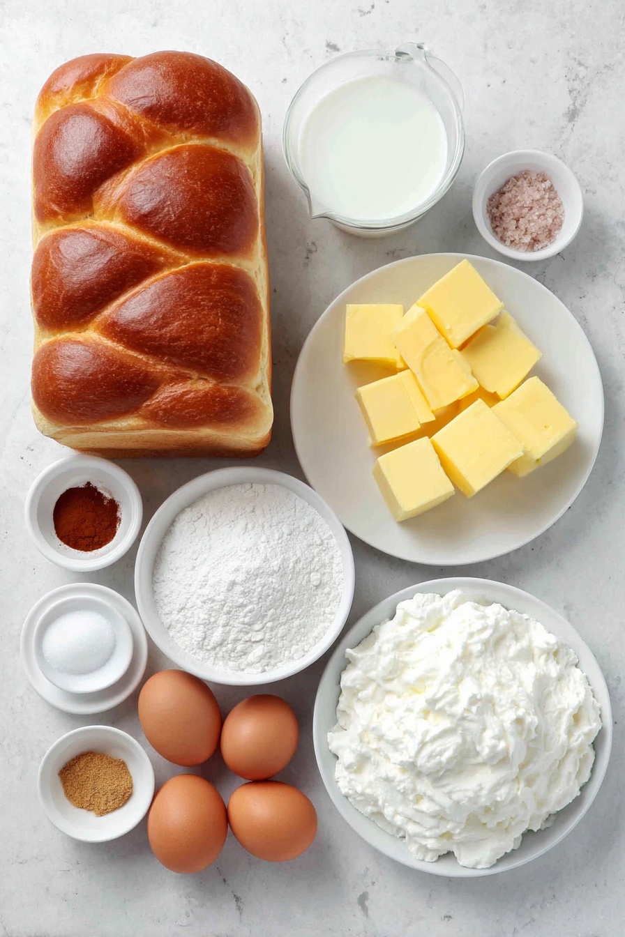 Flat lay of a sliced loaf of fresh brioche bread with thick diagonal cuts, six whole large brown eggs, a small white ceramic bowl of half and half, a small white ceramic bowl of milk, a small white ceramic bowl filled with light brown sugar, a small white ceramic bowl of all-purpose flour, a small white ceramic bowl with golden salted butter cubes, a small white ceramic bowl with ground cinnamon, a small white ceramic bowl of pure vanilla extract, a small white ceramic bowl of coarse kosher salt, and a dollop of homemade whipped cream on a simple white ceramic plate, all arranged in perfect symmetry, placed on a clean white marble surface, soft natural light, photo taken with an iPhone, professional food photography style, fresh ingredients, white ceramic bowls, no bottles, no duplicates, no utensils, no packaging --ar 2:3 --v 7 --p m7354615311229779997 - Brioche French Toast Casserole, easiest French toast casserole, holiday brunch recipes, make-ahead breakfast ideas, decadent breakfast casserole