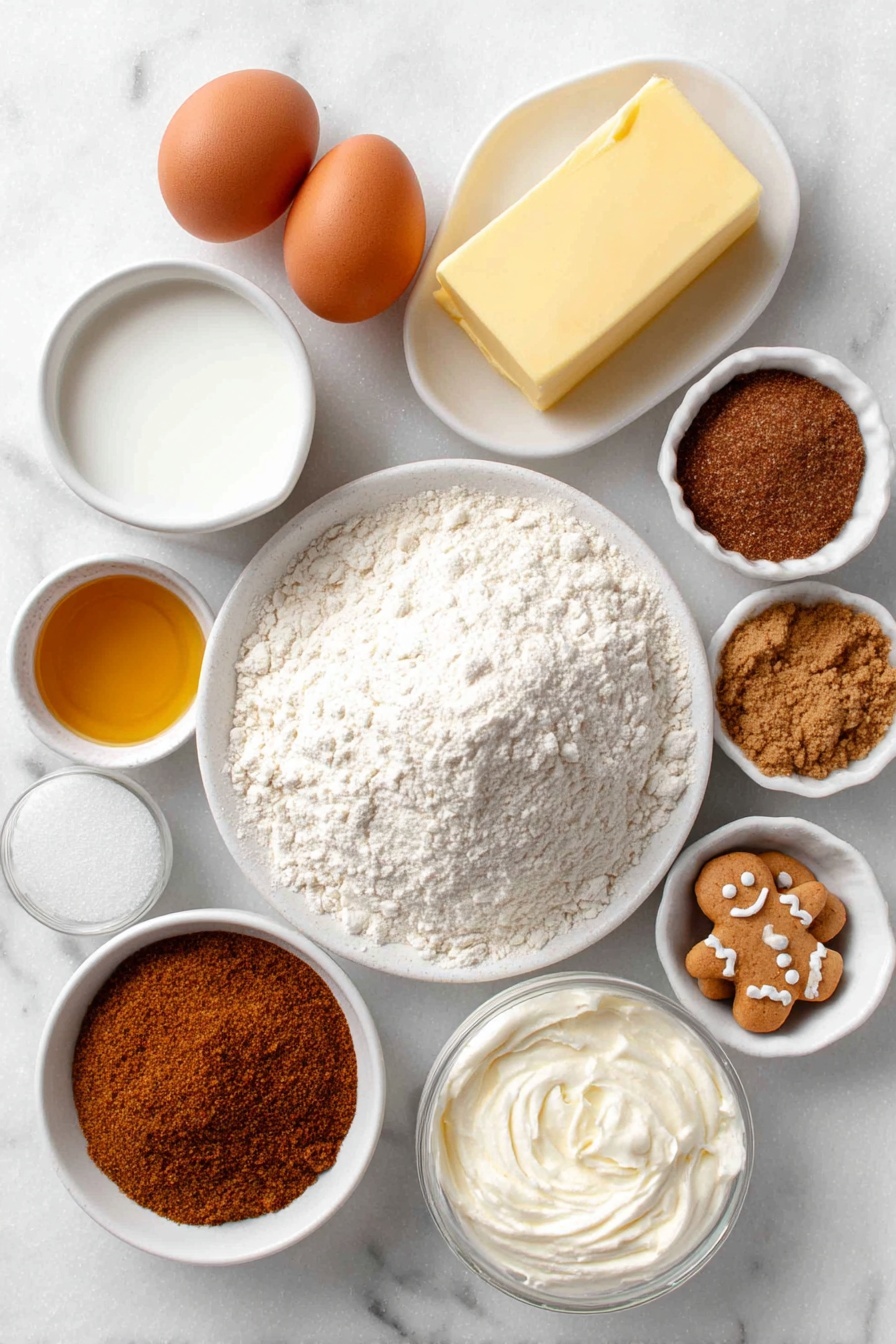 Flat lay of a small mound of all-purpose flour on a simple white ceramic plate, a small white ceramic bowl of granulated sugar, two whole brown eggs with clean shells, a small white ceramic bowl of warm milk, a slab of pale yellow butter on a white ceramic dish, a small white ceramic bowl of golden molasses, a small white ceramic bowl of packed light brown sugar, a small white ceramic bowl with mixed ground cinnamon, ground ginger, ground cloves, and ground nutmeg in separate neat piles, a small white ceramic bowl of smooth cream cheese, a small white ceramic bowl of confectioners' sugar, a small white ceramic bowl of clear vanilla extract, and a few small gingerbread men shaped cookies arranged evenly -- all placed on a clean white marble surface, soft natural light, photo taken with an iPhone, professional food photography style, fresh ingredients, white ceramic bowls, no bottles, no duplicates, no utensils, no packaging --ar 2:3 --v 7 --p m7354615311229779997 - Gingerbread Cinnamon Rolls, holiday cinnamon rolls, spiced cinnamon rolls, gingerbread pastry, easy cinnamon roll recipe