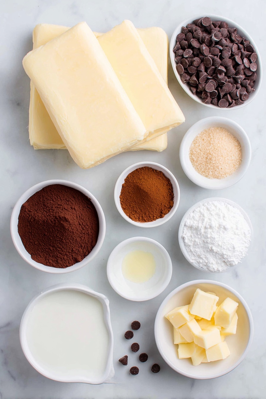 Flat lay of three cans of pale crescent roll dough sheets neatly folded, a stick of smooth softened butter, a small white ceramic bowl of rich dark brown cocoa powder, a small white bowl filled with packed golden brown sugar, a small white bowl holding cinnamon powder with warm reddish-brown hues, scattered glossy mini chocolate chips, a small white bowl with fine white powdered sugar, a small white bowl with melted pale yellow butter, a small white bowl containing clear vanilla extract, a small white bowl of fresh cream or milk with a slight sheen, placed on a clean white marble surface, soft natural light, photo taken with an iPhone, professional food photography style, fresh ingredients, white ceramic bowls, no bottles, no duplicates, no utensils, no packaging --ar 2:3 --v 7 --p m7354615311229779997 - Chocolate Cinnamon Cruffins, croissant cinnamon roll hybrids, easy cinnamon pastry, chocolate breakfast pastry, flaky cinnamon croffins