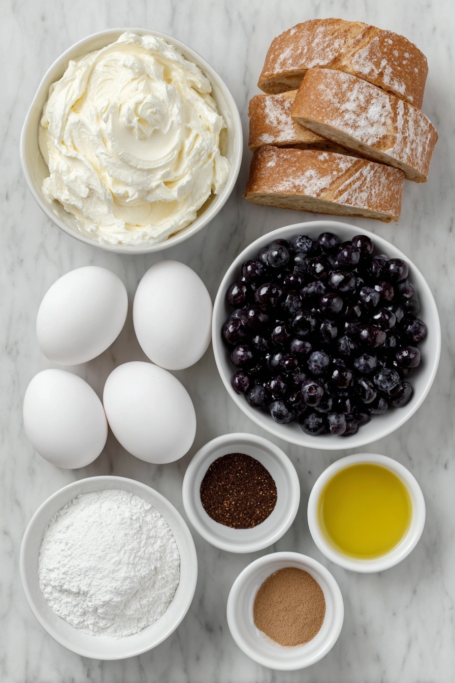 Flat lay of fresh whole large eggs with smooth clean shells, a small heap of fresh plump blueberries, a simple white ceramic bowl of softened cream cheese, a small white bowl filled with fine powdered sugar, two small white bowls each containing clear vanilla extract and whole milk, two small white bowls holding ground cinnamon and ground nutmeg, and fresh cubed rustic French bread, all arranged with perfect symmetry on a clean white marble surface, soft natural light, photo taken with an iPhone, professional food photography style, fresh ingredients, white ceramic bowls, no bottles, no duplicates, no utensils, no packaging --ar 2:3 --v 7 --p m7354615311229779997 - Blueberry French Toast Casserole, blueberry breakfast casserole, easy French toast bake, blueberry breakfast ideas, baked French toast with blueberries