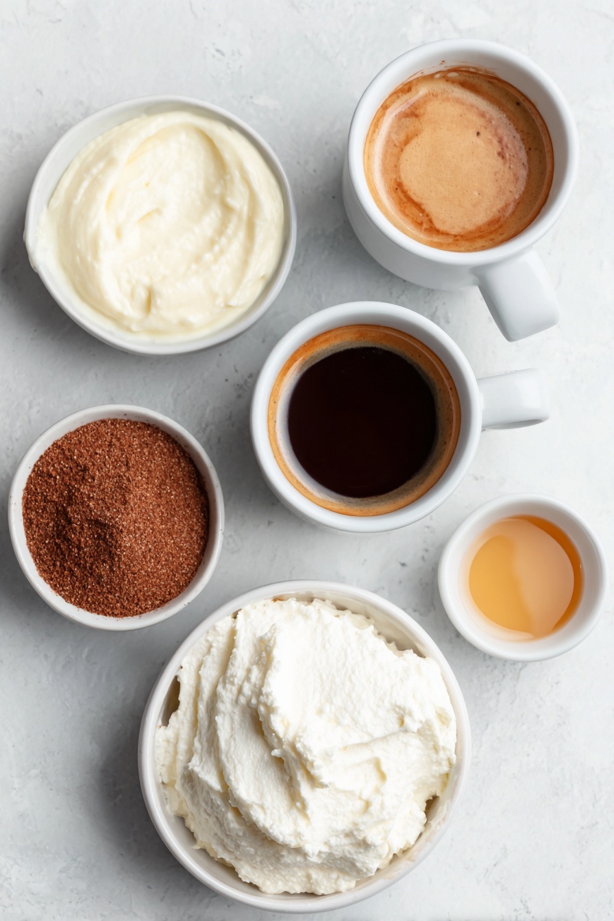 Flat lay of two freshly brewed espresso shots in a simple white ceramic cup, a small white bowl filled with creamy eggnog, a small white bowl of smooth milk, a small white bowl holding golden vanilla simple syrup, a dollop of fluffy whipped cream on a white ceramic plate, and a small white bowl containing warm brown ground nutmeg powder, all ingredients fresh and natural, arranged in perfect symmetry, placed on a clean white marble surface, soft natural light, photo taken with an iPhone, professional food photography style, fresh ingredients, white ceramic bowls, no bottles, no duplicates, no utensils, no packaging --ar 2:3 --v 7 --p m7354615311229779997 - Eggnog Latte with Espresso and Nutmeg, holiday eggnog latte, festive coffee drinks, cozy winter beverages, homemade holiday latte