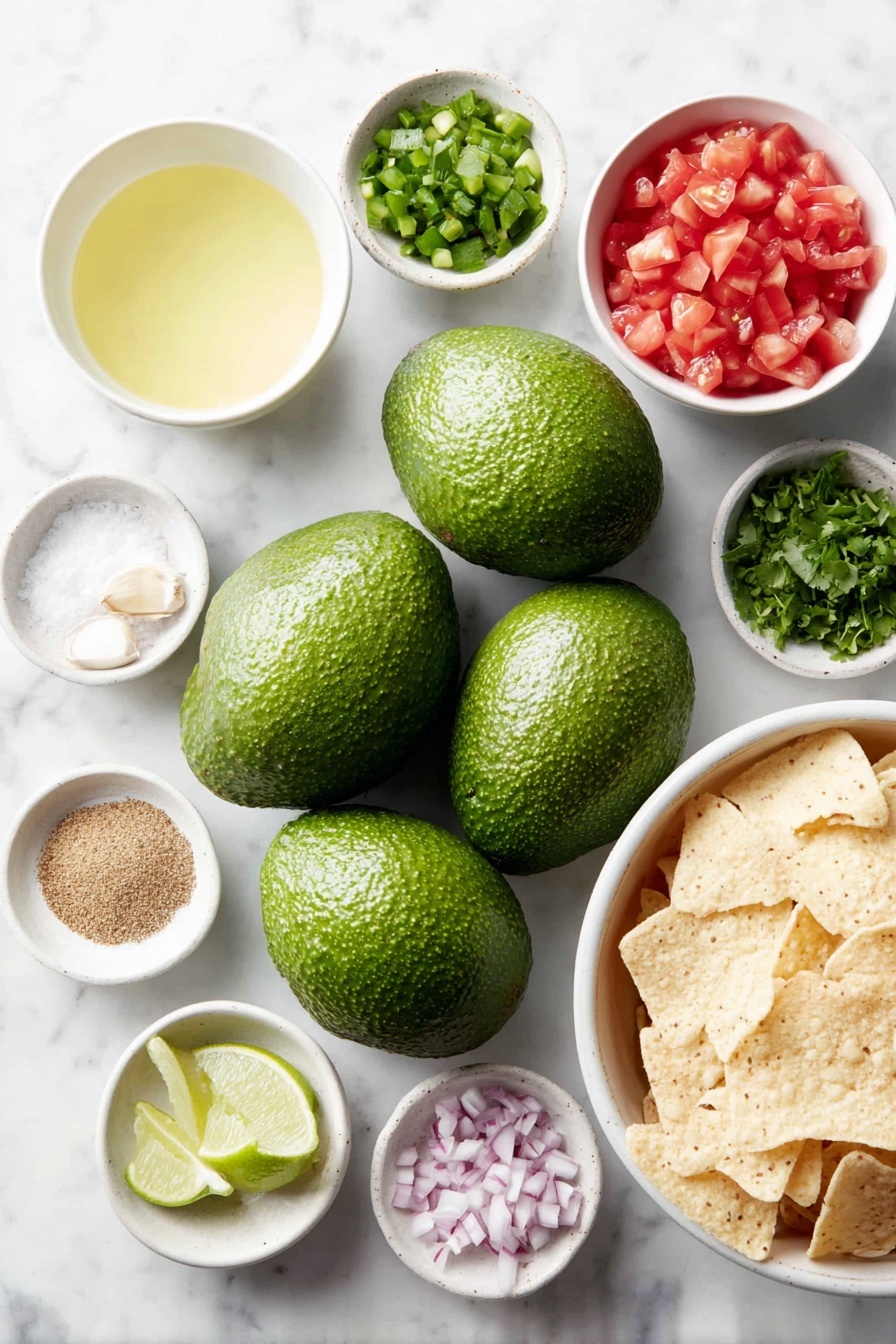 Flat lay of six ripe avocados, two small white bowls filled with diced tomatoes and green chilies, a small white bowl with fresh lime juice, a small white bowl of chopped red onion, three whole uncracked garlic cloves, a small white bowl containing ground cumin, a small white bowl of finely chopped fresh cilantro, a small white bowl of coarse salt, a handful of bright red cherry tomatoes, fresh cilantro leaves scattered delicately, a white ceramic dish holding natural beige tortilla chips, all arranged symmetrically on a clean white marble surface, soft natural light, photo taken with an iPhone, professional food photography style, fresh ingredients, white ceramic bowls, no bottles, no duplicates, no utensils, no packaging --ar 2:3 --v 7 --p m7354615311229779997 - Christmas Guacamole Wreath, festive guacamole appetizer, holiday party dips, Christmas appetizer ideas, easy holiday party recipes