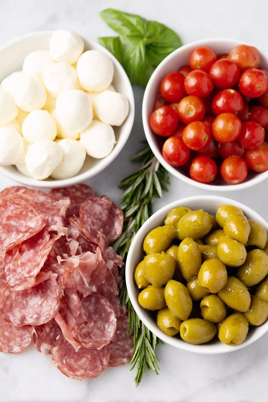 Flat lay of fresh white mozzarella balls, bright green basil leaves, a handful of glossy red cherry tomatoes, thin slices of spicy Genoa salami, delicate folds of prosciutto salami, tender artichoke hearts, vibrant green Castelvetrano olives, deep purple Kalamata olives, and small pale yellow pepperoncini peppers, with a few sprigs of fresh rosemary arranged symmetrically in simple white ceramic bowls and scattered naturally, placed on a clean white marble surface, soft natural light, photo taken with an iPhone, professional food photography style, fresh ingredients, white ceramic bowls, no bottles, no duplicates, no utensils, no packaging --ar 2:3 --v 7 --p m7354615311229779997 - Antipasto Wreath with Salami and Olives, festive appetizer ideas, easy antipasto platter, holiday party appetizer, Italian appetizer recipes