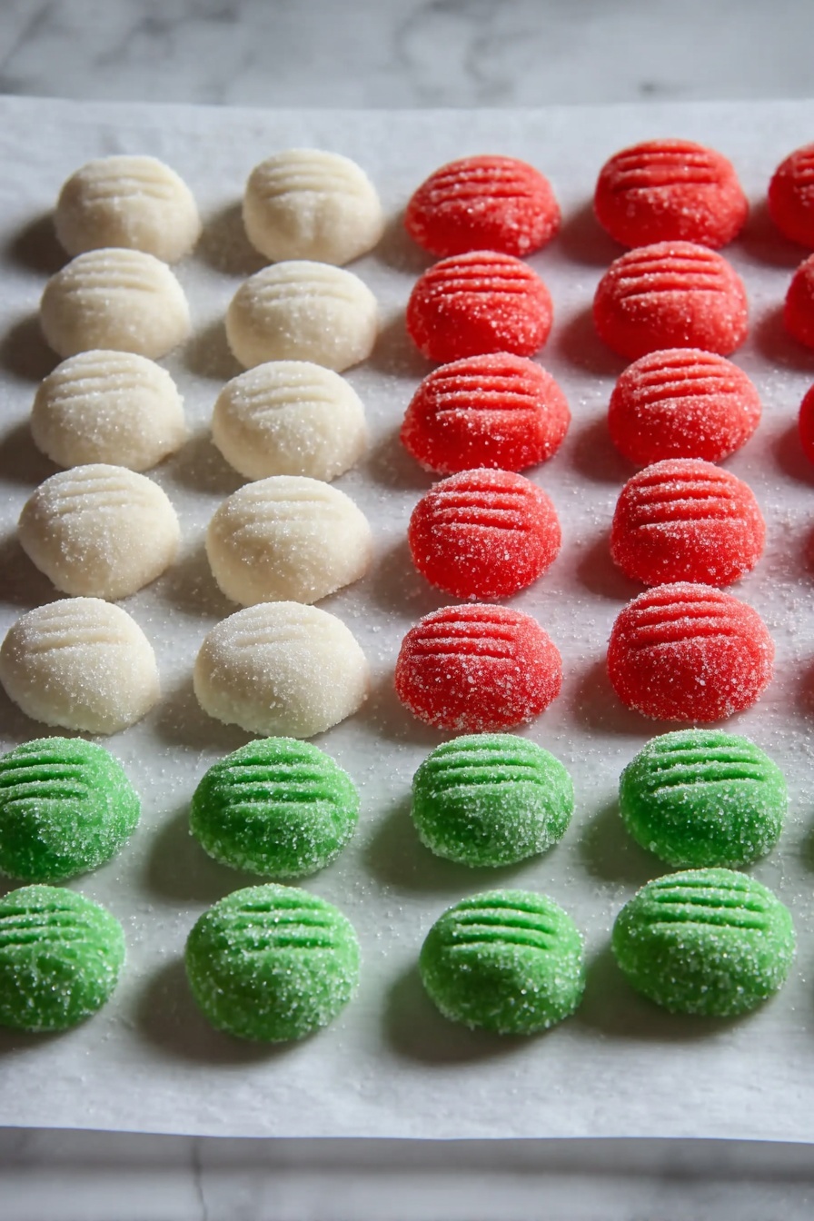 The image shows three rows of round, sugar-coated dough pieces placed neatly on white parchment paper over a white marbled surface. The first row has seven white rounds, the second row has eight red rounds, and the third row has seven green rounds. Each dough piece has small parallel line marks made with a utensil on the top. The sugar granules on the dough give a slightly rough texture, and the dough pieces look soft and fresh. photo taken with an iphone --ar 2:3 --v 7 - Peppermint Patties Recipes, homemade peppermint candies, holiday peppermint treats, easy peppermint candy recipe, festive homemade candies