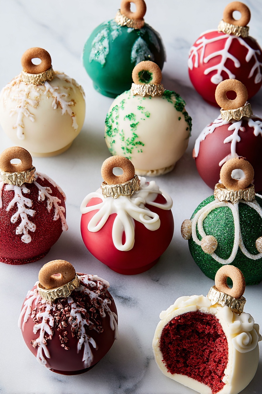 The image shows nine round dessert balls designed like Christmas ornaments on a white marbled surface. Each ball has a smooth, shiny coating in red, green, white, or gold colors. The tops have small circular cookie pieces acting as hooks with white icing around them. Some balls have white icing snowflakes or swirls on their surface, while others have lines or dots in white icing. A few balls have green glitter sprinkled on them. One dessert ball is split open, revealing a red, soft cake-like inside with white icing around it. The decorations give a festive, holiday look to each dessert photo taken with an iphone --ar 2:3 --v 7 - Festive Cake Ball Ornaments, Christmas cake ball decorations, holiday cake ball ideas, Christmas dessert ornaments, festive cake ball treats