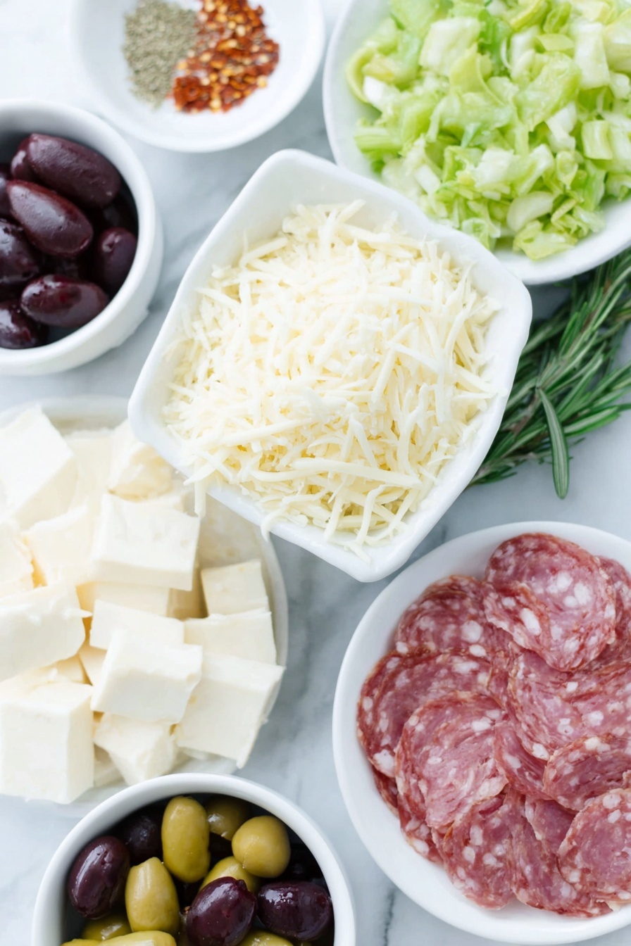 Flat lay of finely shredded provolone cheese, finely shredded parmesan cheese, chopped bright green pepperoncini, chopped blanched almonds, finely chopped slices of salami, finely chopped marinated artichoke hearts, two whole unpeeled garlic cloves, a small white bowl of mixed Italian seasoning, a small white bowl of kosher salt, a small white bowl of crushed red pepper flakes, four blocks of cream cheese with clean uncracked surfaces, halved pitted green Cerignola olives, halved marinated Kalamata olives, halved pitted black Cerignola olives, chunky pieces of roasted red peppers, a few fresh rosemary sprigs, a half-inch-thick slice of fresh mozzarella, arranged symmetrically on simple white ceramic bowls and plates, placed on a clean white marble surface, soft natural light, photo taken with an iPhone, professional food photography style, fresh ingredients, white ceramic bowls, no bottles, no duplicates, no utensils, no packaging --ar 2:3 --v 7 --p m7354615311229779997 - Christmas Antipasto Cheese Ball Tree, festive cheese ball appetizer, holiday antipasto cheese centerpiece, Christmas cheese ball recipe, party appetizer ideas