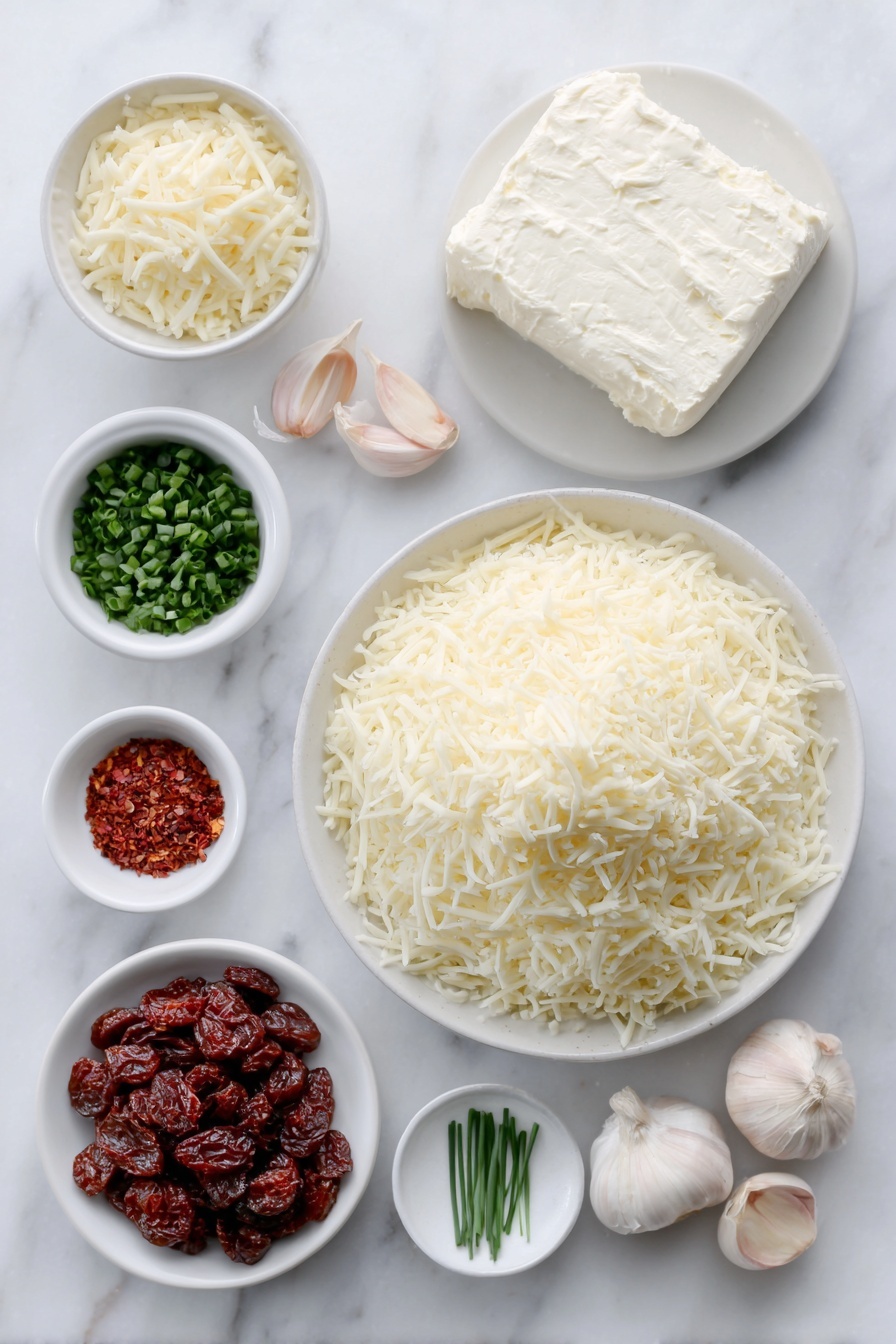 Flat lay of a small block of soft cream cheese, a small pile of shredded gouda cheese, a handful of chopped fresh chives, a small white bowl with chopped oil-packed sun dried tomatoes, a small white bowl of garlic powder, a mound of finely shredded mozzarella cheese, nine whole whole cloves, four plump raisins, two salty whole pretzel sticks, and a single fresh baby carrot halved lengthwise—all ingredients arranged in perfect symmetry on simple white ceramic bowls and plates placed on a clean white marble surface, soft natural light, photo taken with an iPhone, professional food photography style, fresh ingredients, white ceramic bowls, no bottles, no duplicates, no utensils, no packaging --ar 2:3 --v 7 --p m7354615311229779997 - Snowman Cheeseball with Gouda and Cream Cheese, festive cheeseball appetizer, holiday cheese ball recipe, cute Christmas cheese ball, easy party appetizer