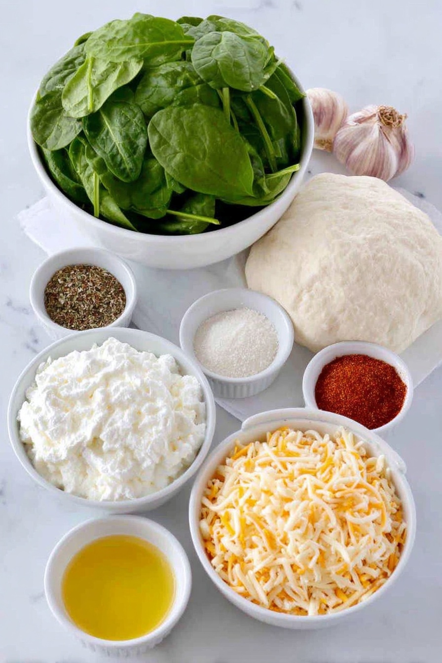 Flat lay of a small mound of bright green fresh spinach leaves, a soft white ceramic bowl with creamy white softened cream cheese, two whole uncracked brown garlic cloves, a small white ceramic bowl filled with mixed dried Italian herbs, another small white bowl with fine sea salt crystals, a small white bowl containing pale beige onion powder, a tiny white bowl with reddish-orange cayenne pepper powder, a small white bowl with coarse black peppercorns, a simple white ceramic bowl heaped with shredded orange cheddar and white mozzarella cheese blend, another small white bowl with finely grated pale yellow parmesan cheese, a smooth round ball of pale beige refrigerated pizza dough sitting on white parchment paper, a small white bowl holding melted golden butter, all arranged symmetrically with perfect proportions and balance, placed on a clean white marble surface, soft natural light, photo taken with an iPhone, professional food photography style, fresh ingredients, white ceramic bowls, no bottles, no duplicates, no utensils, no packaging --ar 2:3 --v 7 --p m7354615311229779997 - Spinach Cheese Christmas Tree Appetizer, festive holiday appetizers, holiday spinach appetizer, cheese appetizer for Christmas, Christmas party finger foods