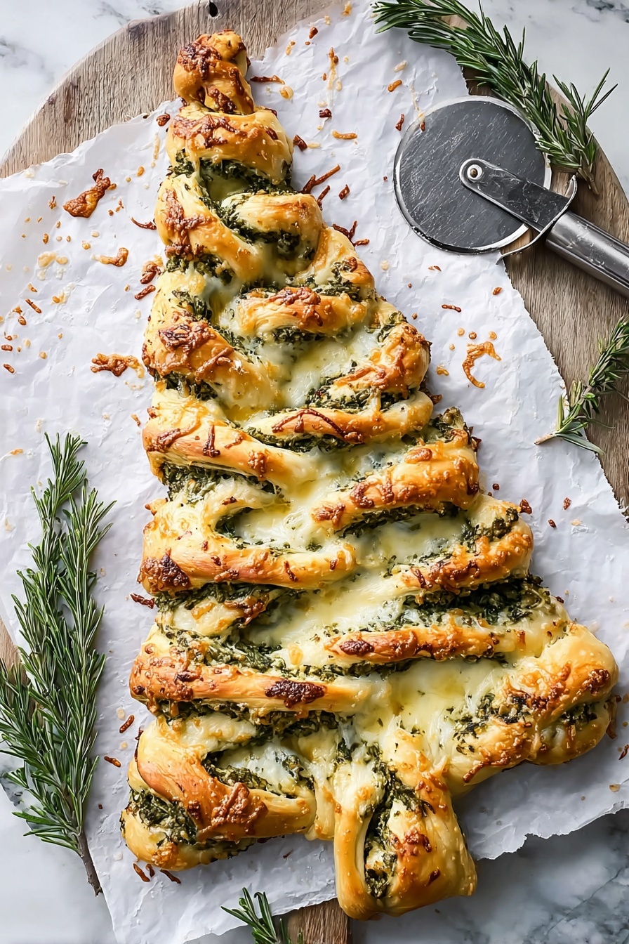 The image shows a Christmas tree-shaped bread with twisted layers of dough and green herb filling. The bread has three main sections: the broad base, the middle that narrows, and the top forming a pointed tip. Each side of the tree has multiple twisted sections where the dough reveals the green herb filling inside, giving a textured and layered look. The dough is golden brown on the edges with melted cheese and sprinkled herbs on top, creating a mix of creamy white, golden, and green colors. The bread sits on white baking paper, with a metal pizza cutter on the top right and a white marbled surface beneath. Sprigs of fresh rosemary are placed around the bread. Photo taken with an iphone --ar 2:3 --v 7 - Spinach Cheese Christmas Tree Appetizer, festive holiday appetizers, holiday spinach appetizer, cheese appetizer for Christmas, Christmas party finger foods