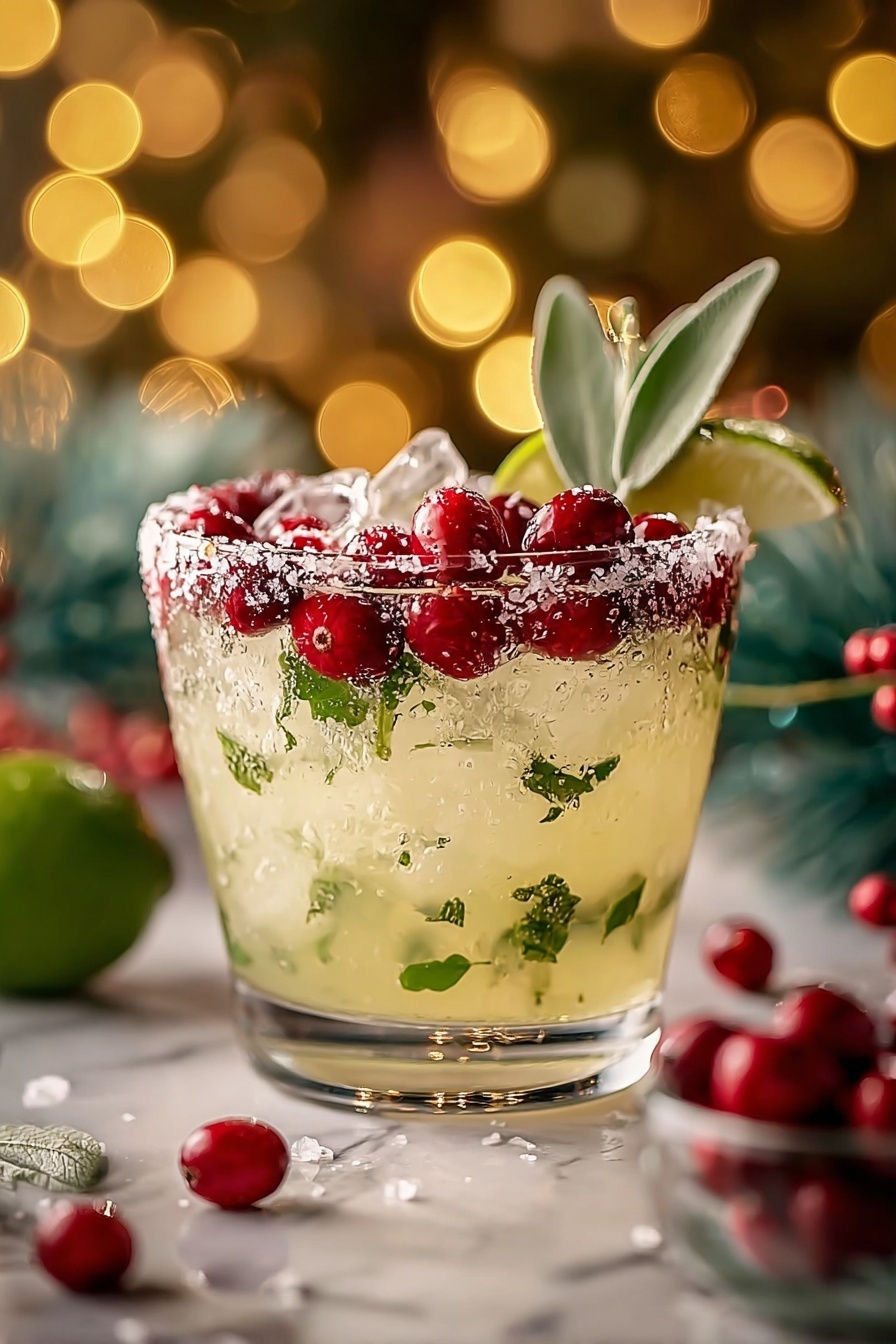 A clear glass coupe filled with a pale lime-yellow drink with small green herb leaves throughout and topped with ice. Around the rim, bright red cranberries are lined up inside a ring of coarse salt and chopped green herbs. On top, more cranberries rest beside a slice of lime and fresh sage leaves, giving a festive look. The background shows soft golden bokeh lights and blurred green holiday decorations on a white marbled surface. photo taken with an iphone --ar 2:3 --v 7 - Christmas Mistletoe Margarita, festive margarita recipes, holiday cocktail ideas, cranberry margarita, seasonal Christmas drinks