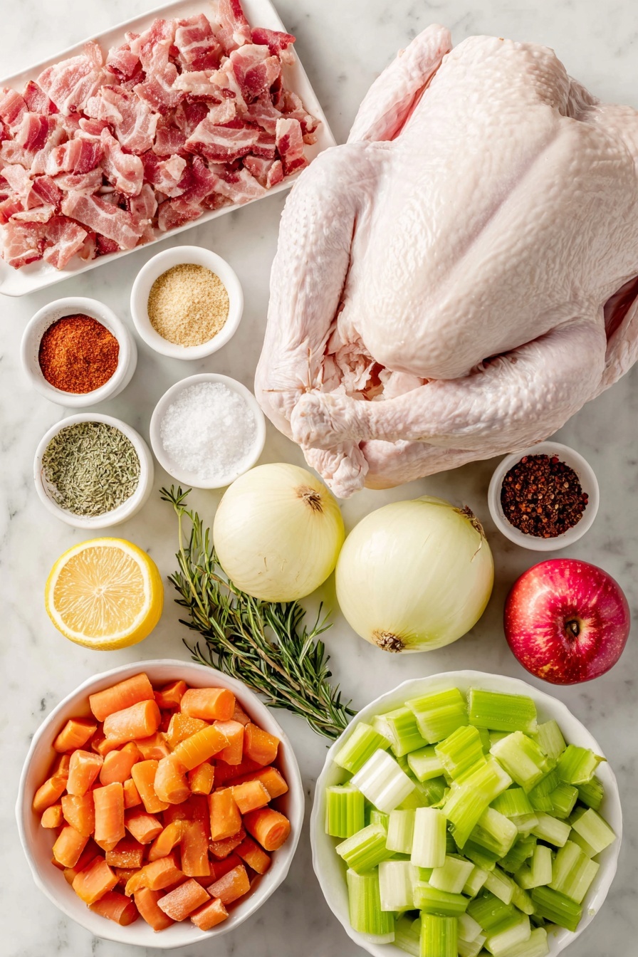 Flat lay of a whole fresh raw turkey with smooth skin, a small mound of roughly chopped pink bacon strips, a small white ceramic bowl filled with coarse kosher salt and another with light brown sugar crystals, a small white ceramic bowl holding a vibrant smoked paprika powder, a small white ceramic bowl with freshly ground black pepper, a small white ceramic bowl containing pale beige onion powder, a small white ceramic bowl of fine garlic powder, and a small white ceramic bowl with bright red cayenne pepper; fresh celery ribs chopped into large green stalks, bright orange roughly chopped carrots, two peeled white onions quartered, two crisp red and green apples quartered, one lemon halved exposing its juicy yellow interior, and fresh aromatic sprigs of rosemary and thyme arranged symmetrically around the ingredients; all elements neatly spaced and balanced, placed on a clean white marble surface, soft natural light, photo taken with an iPhone, professional food photography style, fresh ingredients, white ceramic bowls, no bottles, no duplicates, no utensils, no packaging --ar 2:3 --v 7 --p m7354615311229779997 - Bacon Roasted Thanksgiving Turkey, Thanksgiving turkey, bacon turkey recipe, juicy roasted turkey, flavorful holiday turkey