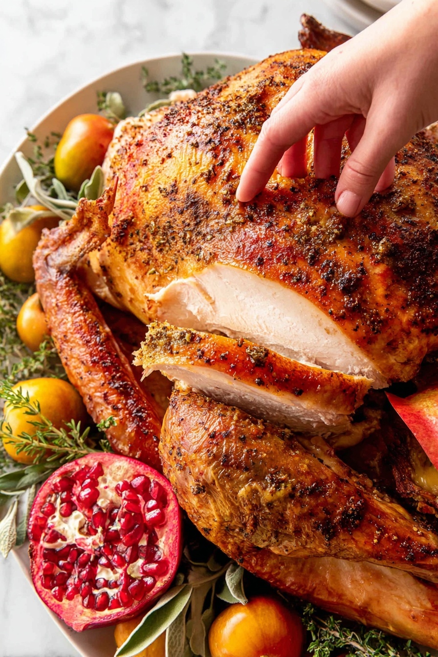 A roasted turkey is placed on a white platter on a white marbled surface, surrounded by green herbs and bright yellow cherry tomatoes. The turkey has a golden brown, crispy skin with black pepper specks visible. A woman's hand is gently lifting one thick, white slice of turkey breast from the bird, showing the moist, smooth interior. Around the turkey, there is a red pear and a split pomegranate showing its deep red seeds. The setting is bright and detailed, highlighting the textures and colors of the food. Photo taken with an iphone --ar 2:3 --v 7 - Bacon Roasted Thanksgiving Turkey, Thanksgiving turkey, bacon turkey recipe, juicy roasted turkey, flavorful holiday turkey