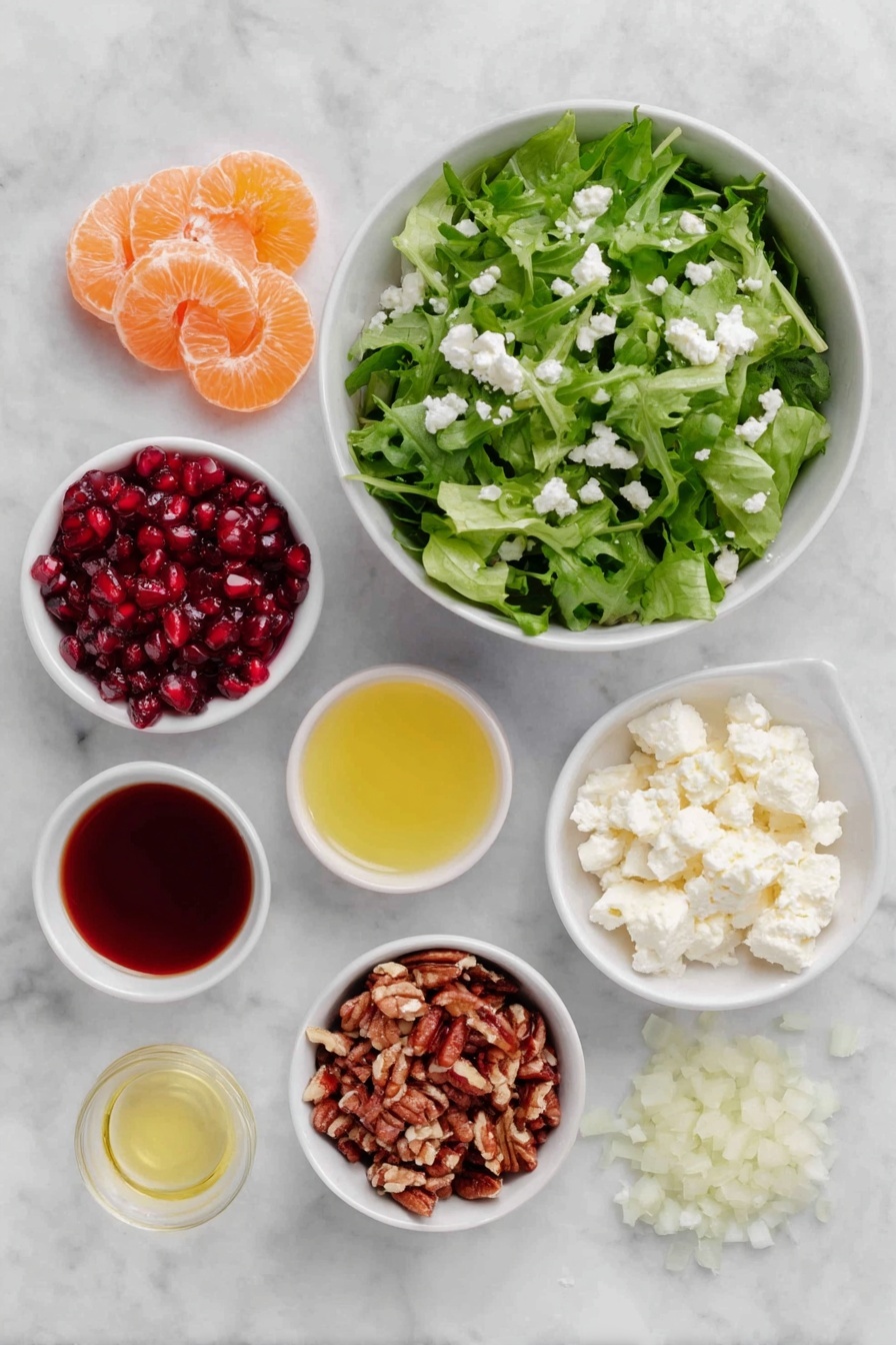 Flat lay of a large simple white ceramic bowl filled with fresh mixed spring greens, a small pile of bright orange segments (mandarin or clementine), a small white ceramic bowl of ruby red pomegranate seeds, a small mound of crumbled white feta cheese, a small heap of roughly chopped candied pecans, alongside four small white ceramic bowls containing golden olive oil, amber honey, smooth yellow Dijon mustard, and clear apple cider vinegar, plus finely minced pale shallot placed delicately on the side, all arranged in perfect symmetry on a clean white marble surface, soft natural light, photo taken with an iPhone, professional food photography style, fresh ingredients, white ceramic bowls, no bottles, no duplicates, no utensils, no packaging --ar 2:3 --v 7 --p m7354615311229779997 - Festive Orange Pomegranate Salad, citrus fruit salad, holiday fruit salad, Christmas side dish, easy holiday salad
