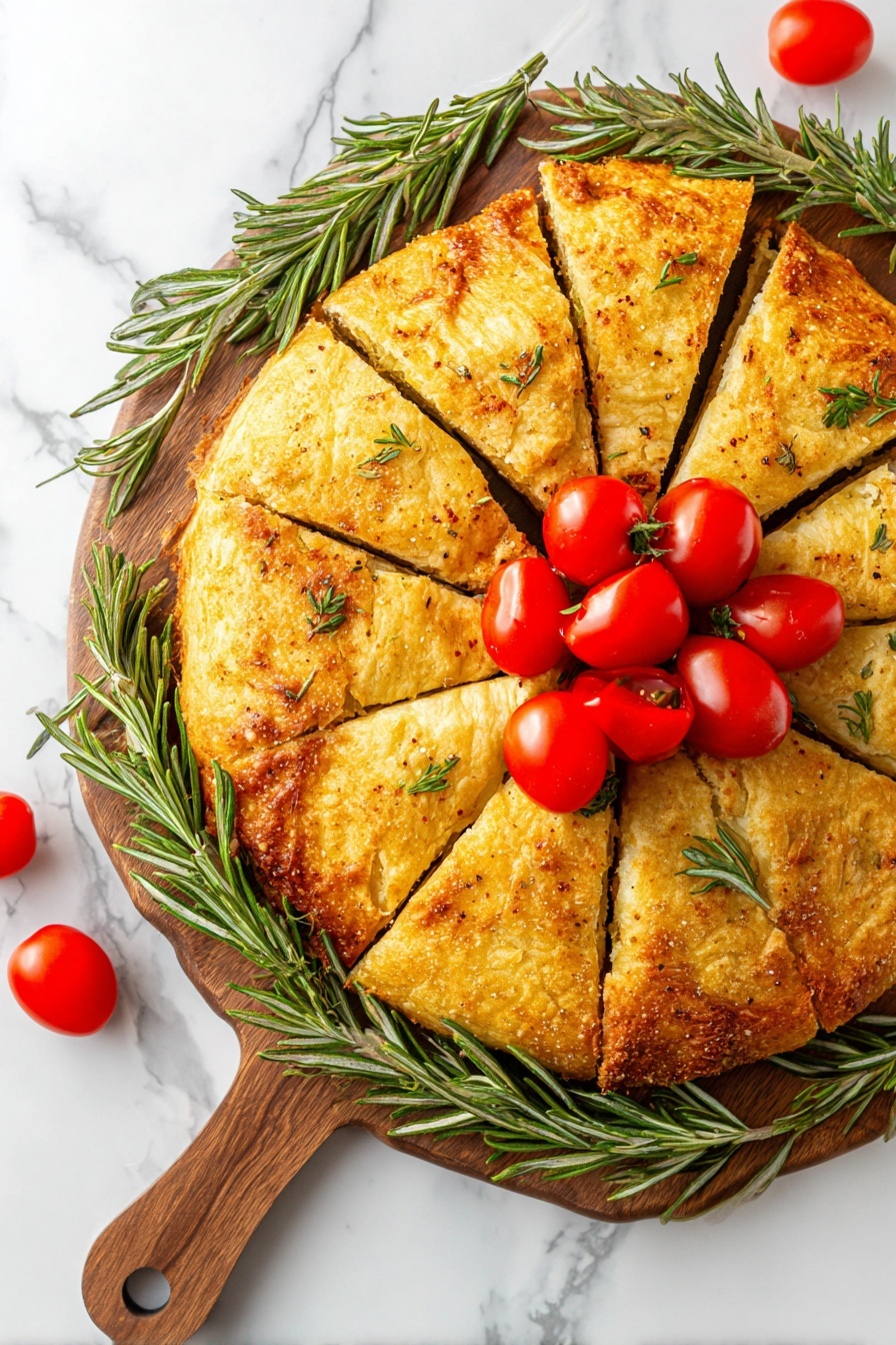 A golden-brown round pastry is cut into twelve triangular slices, arranged in a circle on a wooden board. The pastry has a slightly crispy texture with a hint of seasoning on top. Fresh green rosemary sprigs are placed around the edge of the board along with bright red cherry tomatoes, both on the board and resting on the pastry. More cherry tomatoes are grouped in the center of the pastry, creating a bright contrast with the golden crust. The whole setting rests on a white marbled surface. photo taken with an iphone --ar 2:3 --v 7 - Cheesy Pesto Wreath, pesto appetizer, cheese and pesto pastry, holiday appetizer ideas, savory pastry wreath