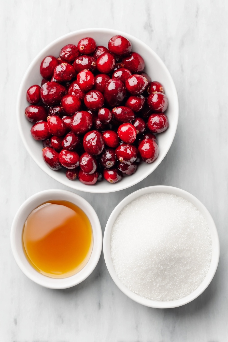 Flat lay of a small white ceramic bowl filled with glossy pure maple syrup, a medium white ceramic bowl of vibrant fresh red cranberries, a larger white ceramic bowl heaped with fine white granulated sugar, arranged with perfect symmetry and balanced proportions, all ingredients looking fresh and natural, placed on a clean white marble surface, soft natural light, photo taken with an iPhone, professional food photography style, fresh ingredients, white ceramic bowls, no bottles, no duplicates, no utensils, no packaging --ar 2:3 --v 7 --p m7354615311229779997 - Sparkling Cranberries, festive cranberry garnishes, holiday appetizer ideas, sugared cranberry treats, sparkling fruit decorations