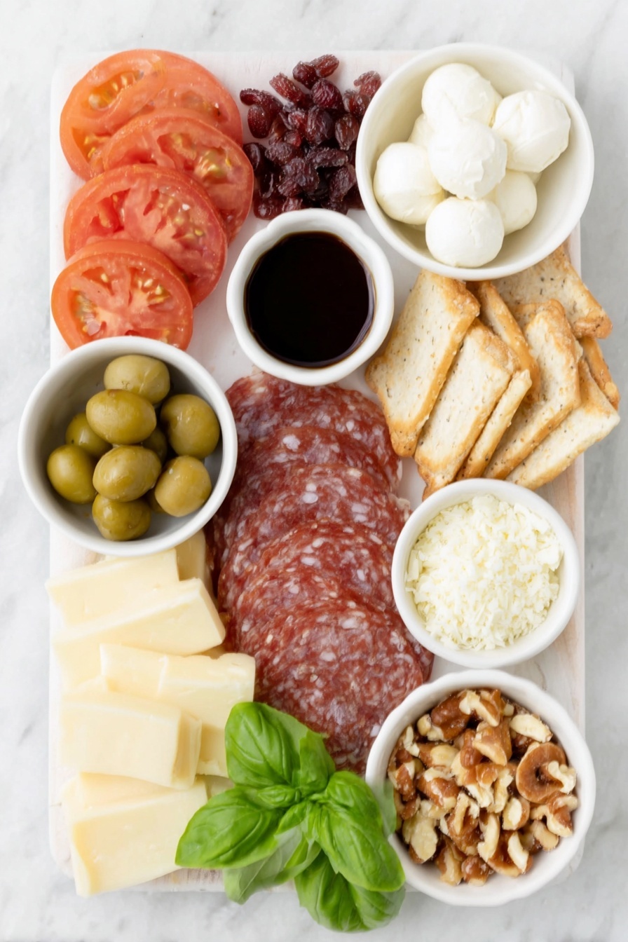 Flat lay of fresh tomato slices arranged in neat rounds, two fresh mozzarella balls sliced and fanned out, a small white bowl of extra virgin olive oil, a small white bowl of dark balsamic reduction, small pile of flaky sea salt crystals, assorted cheese cubes including cheddar and Manchego, thinly sliced cured salami pieces, a stack of assorted crackers and bruschetta toasts, a handful of small pretzel sticks, green olives in a small white bowl, dried apricots and figs, sliced half English cucumber, a small pile of mixed nuts, fresh basil leaves scattered artistically, a small mound of red pomegranate seeds, and a small white bowl holding chocolate Christmas candies placed on a clean white marble surface, soft natural light, photo taken with an iPhone, professional food photography style, fresh ingredients, white ceramic bowls, no bottles, no duplicates, no utensils, no packaging --ar 2:3 --v 7 --p m7354615311229779997 - Christmas Charcuterie Board, festive holiday charcuterie, Christmas appetizer platter, easy holiday cheese board, Christmas party finger foods