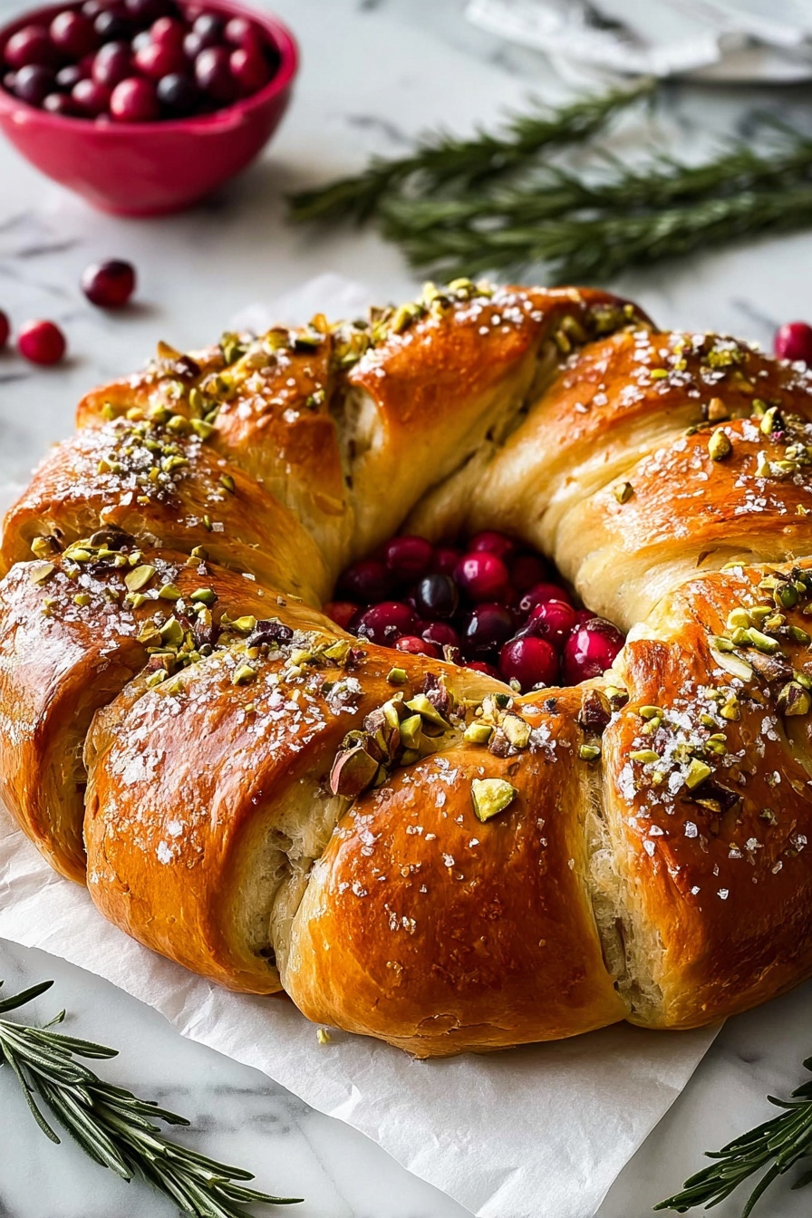 A golden-brown wreath-shaped bread with a shiny, smooth texture, topped with coarse salt, chopped pistachios, and rosemary leaves evenly spread over the surface. The bread is divided into large, soft segments by deep cuts that show a fluffy inside. Around the bread's center, there are red cranberries and green rosemary sprigs placed on white parchment paper. The whole setup sits on a white marbled surface with more rosemary sprigs and a blurred red bowl of cranberries in the background. photo taken with an iphone --ar 2:3 --v 7 - Cranberry Brie Crescent Wreath, festive appetizer, holiday party finger food, easy holiday appetizer, cranberry brie appetizer