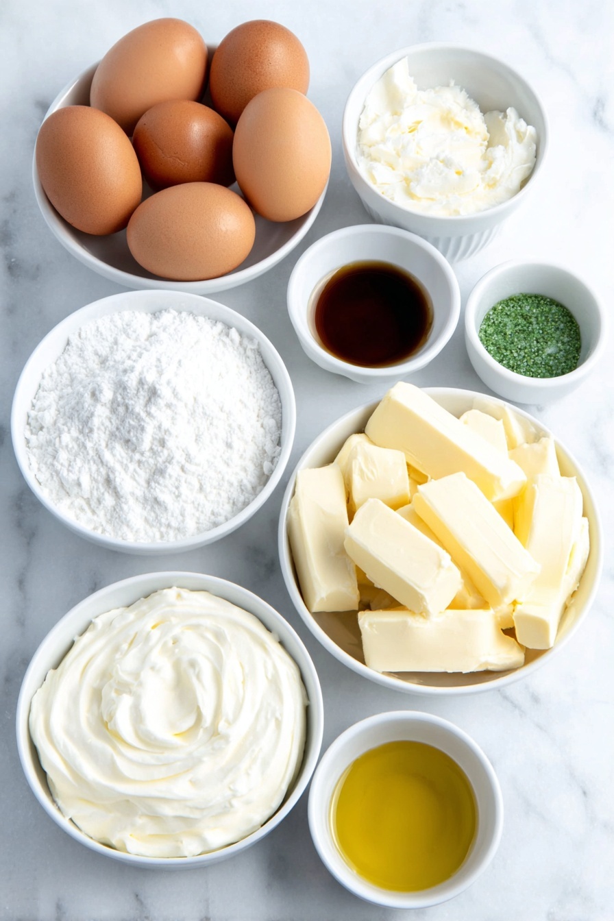 Flat lay of a small white ceramic bowl filled with smooth vegetable oil, three whole uncracked brown eggs, a small white ceramic bowl of clear water, a neat pile of pale yellow softened butter, a small white ceramic bowl heaped with fine white powdered sugar, a small white ceramic bowl of rich heavy cream, a small white ceramic bowl holding golden vanilla extract, a small white ceramic bowl containing bright green gel food coloring, a small white ceramic bowl with a pinch of fine salt, a scattering of tiny star-shaped gold sprinkles, and a few round shiny pearl sprinkles, all arranged with perfect symmetry on a clean white marble surface, soft natural light, photo taken with an iPhone, professional food photography style, fresh ingredients, white ceramic bowls, no bottles, no duplicates, no utensils, no packaging --ar 2:3 --v 7 --p m7354615311229779997 - Christmas Tree Chocolate Cupcakes, festive cupcakes, holiday dessert recipes, easy Christmas cupcakes, chocolate holiday treats