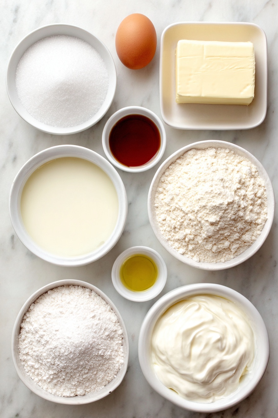 Flat lay of a small pile of fine white cake flour, a small mound of granulated sugar, a small heap of baking powder, a tiny heap of baking soda, a pinch of salt crystals, a quarter block of pale yellow salted butter, two whole brown eggs with clean shells, a small white bowl filled with thick creamy sour cream, a small white bowl of light golden vegetable oil, a small white bowl containing amber vanilla extract, a small white bowl with whole milk, a small mound of powdered sugar, a small white bowl holding heavy cream, all arranged with perfect symmetry on a clean white marble surface, soft natural light, photo taken with an iPhone, professional food photography style, fresh ingredients, white ceramic bowls, no bottles, no duplicates, no utensils, no packaging --ar 2:3 --v 7 --p m7354615311229779997 - Festive Vanilla Cupcakes with Buttercream, vanilla cupcake recipe, holiday cupcake ideas, moist vanilla cupcakes, easy buttercream frosting
