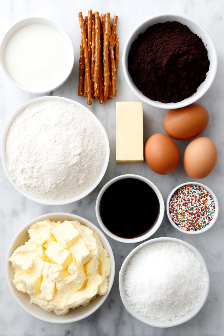 Flat lay of a small mound of granulated sugar, a small bowl of all-purpose flour, a small bowl of rich dark cocoa powder, two whole brown eggs with clean shells, a small white bowl of milk, a small white bowl of golden canola oil, a small white bowl of clear vanilla extract, a cluster of slender pretzel sticks, a small white bowl filled with glossy green melted candy, a small white bowl holding colorful non-pareil sprinkles, a small slab of pale yellow butter, a small white bowl of creamy light cream cheese, a small white bowl of powdered sugar, and a small white bowl filled with fluffy shredded coconut all arranged with perfect symmetry on a clean white ceramic surface, placed on a clean white marble surface, soft natural light, photo taken with an iPhone, professional food photography style, fresh ingredients, white ceramic bowls, no bottles, no duplicates, no utensils, no packaging --ar 2:3 --v 7 --p m7354615311229779997 - Chocolate Christmas Tree Cupcakes, festive holiday cupcakes, Christmas dessert ideas, chocolate cupcake recipes, holiday baking treats
