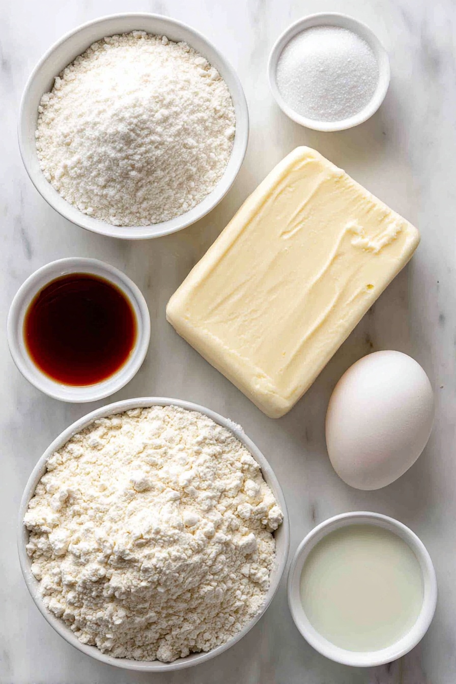 Flat lay of a small mound of all-purpose flour, a small white ceramic bowl with fine granulated sugar, a small white ceramic bowl containing baking powder, a small white ceramic bowl with salt, a square slab of softened unsalted butter, one large whole egg with a clean shell, a small white ceramic bowl holding vanilla extract, small white ceramic bowls with vibrant red and green food coloring gels, and a small white ceramic bowl with milk, all arranged symmetrically and naturally fresh, placed on a clean white marble surface, soft natural light, photo taken with an iPhone, professional food photography style, fresh ingredients, white ceramic bowls, no bottles, no duplicates, no utensils, no packaging --ar 2:3 --v 7 --p m7354615311229779997 - Christmas Pinwheel Cookies, festive holiday cookies, colorful swirl cookies, easy Christmas cookie recipes, holiday baking ideas