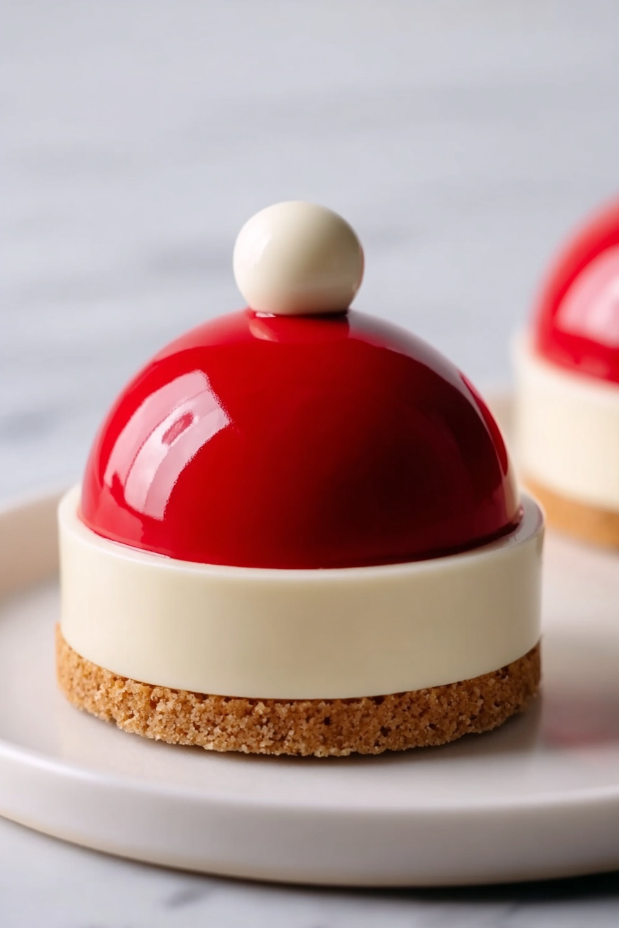 The image shows a small, dome-shaped dessert with three layers. The bottom layer is a thin, light brown cookie base. Above the base, there is a wide, smooth ring of creamy off-white color wrapped around the dessert. The top layer is a shiny, bright red dome that looks smooth and glossy. On top of the red dome, there is a small round white ball as a decoration. The dessert sits on a white plate against a white marbled surface. Photo taken with an iphone --ar 2:3 --v 7 - Santa Claus Dome Cakes, festive dome cake recipe, holiday show-stopping desserts, vanilla mousse dome, Christmas dessert ideas
