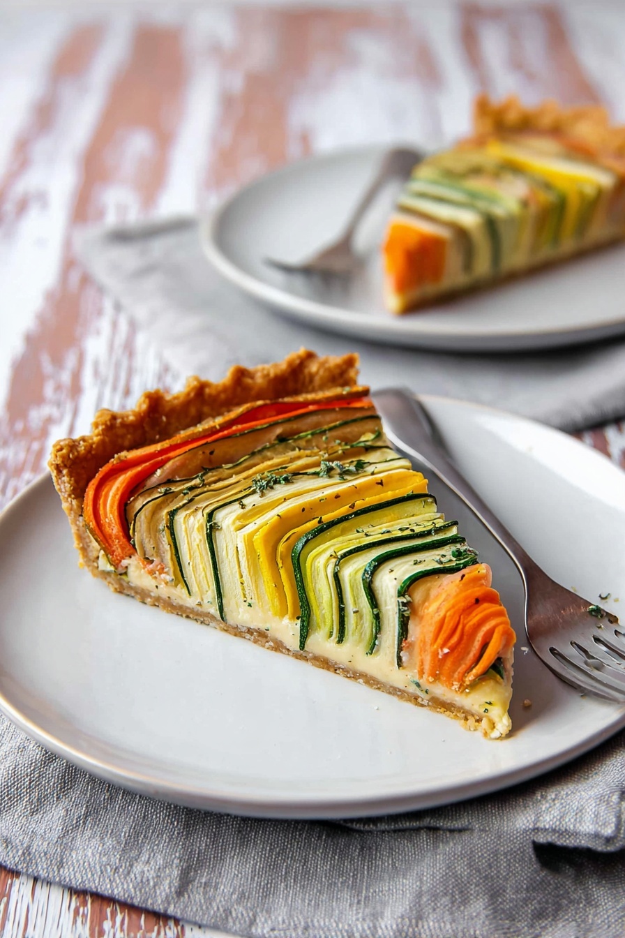 A slice of vegetable tart sits on a white plate, showing three layers: the outer golden-brown crust with a rough texture, a creamy light filling underneath, and an artistic top layer of thin, vertical slices of zucchini, carrot, and yellow squash arranged in rows by color, alternating green, orange, and yellow with a hint of herbs sprinkled on top; in the background, a second slice of the tart is on another white plate with a silver fork resting nearby, all set on a soft gray cloth over a white marbled surface with a rustic, faded wood pattern visible. photo taken with an iphone --ar 2:3 --v 7 - Vegetable Spiral Tart, vegetable tart, veggie-packed tart, colorful vegetable tart, spiral vegetable tart