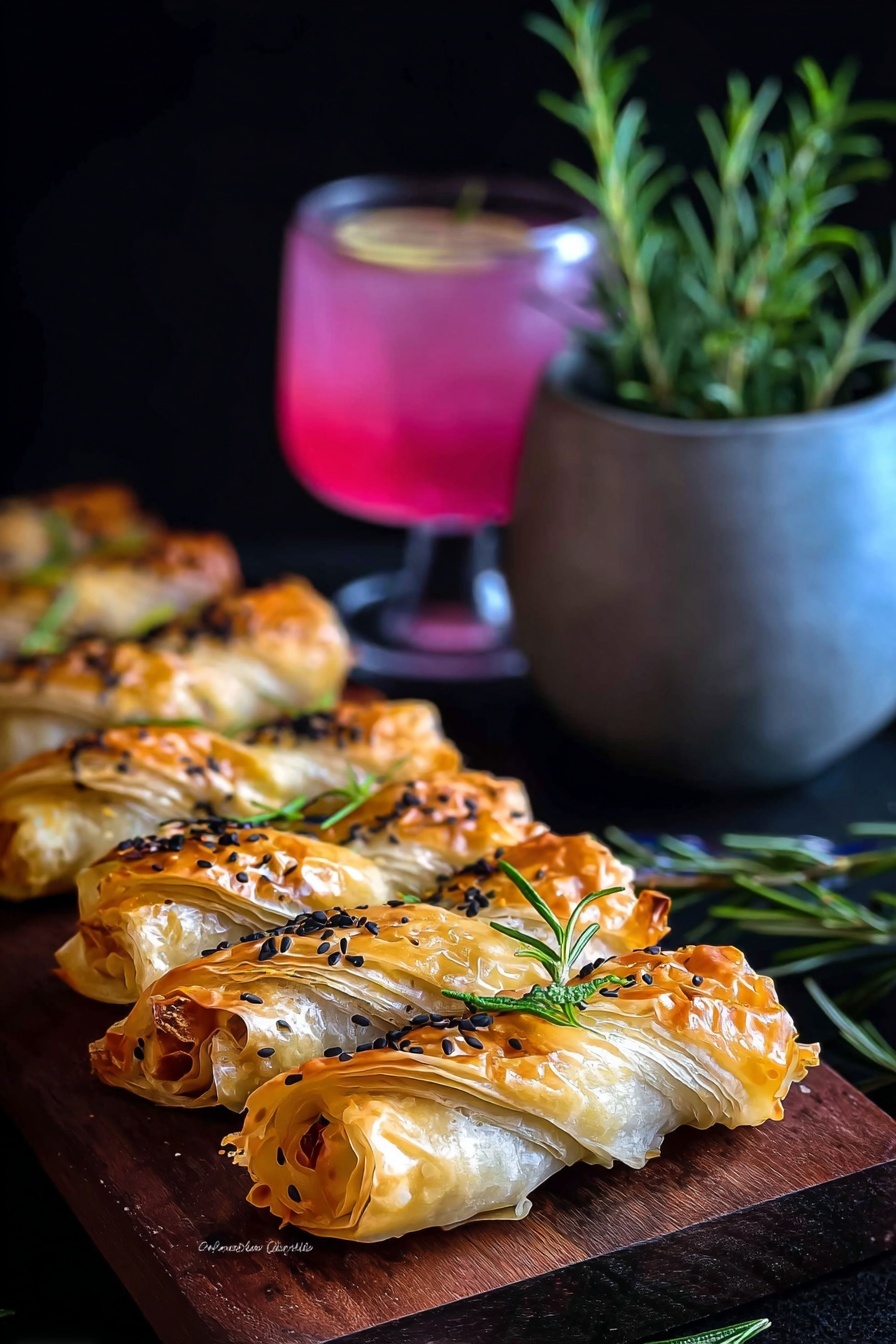 The image shows a row of six wrapped, golden-brown pastries, each twisted at both ends like small candies, placed on a dark wooden board. The pastry surface is slightly shiny with some crispy, flaky textures, sprinkled with black sesame seeds and small green rosemary leaves for garnish. In the background, a bright pink drink with a sprig of rosemary sits inside a clear glass, and next to it is a gray pot holding fresh rosemary sprigs. The entire scene is set against a dark background that highlights the warm colors of the food. photo taken with an iphone --ar 2:3 --v 7 - Cranberry Brie Filo Crackers, festive appetizer recipe, easy holiday appetizers, savory brunch finger foods, cranberry and brie bites