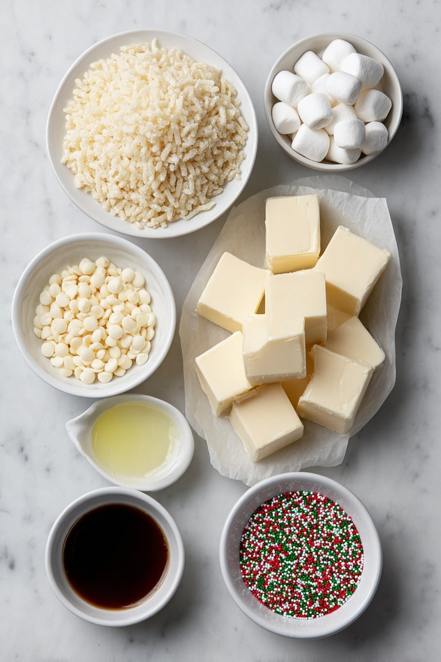 Flat lay of a small mound of puffed rice cereal, a handful of white mini marshmallows, a few cubes of unsalted butter, a small white bowl filled with vanilla extract, a small white bowl with white chocolate chips, a small white bowl of clear coconut oil, and a simple white ceramic dish holding red, green, and white nonpareil sprinkles, all arranged symmetrically on a clean white marble surface, soft natural light, photo taken with an iPhone, professional food photography style, fresh ingredients, white ceramic bowls, no bottles, no duplicates, no utensils, no packaging --ar 2:3 --v 7 --p m7354615311229779997 - Festive White Chocolate Rice Krispie Balls, holiday marshmallow treats, white chocolate holiday treats, easy Christmas dessert, festive snack bites