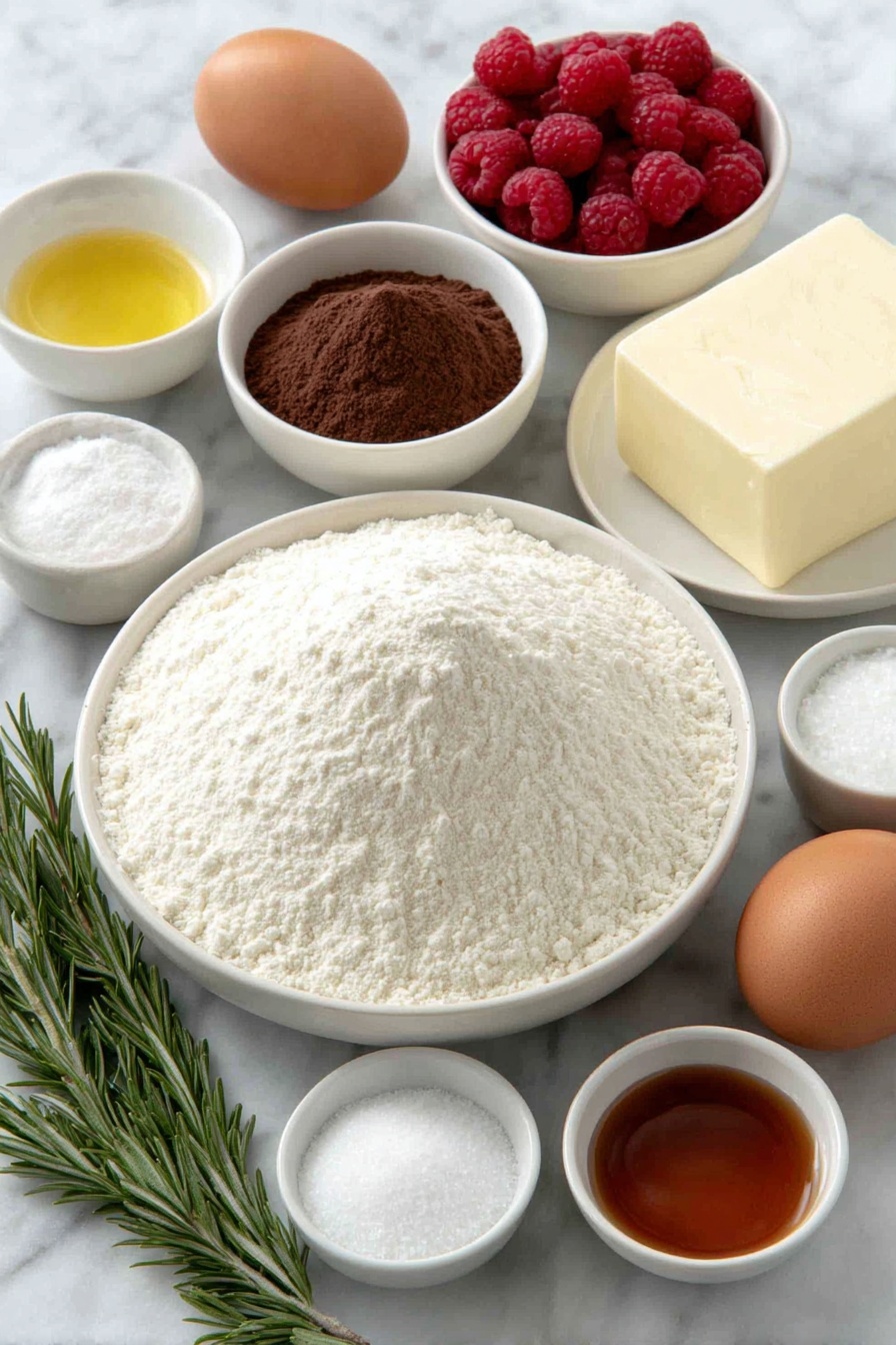 Flat lay of a small mound of all-purpose flour in a simple white ceramic bowl, a small white bowl filled with granulated sugar, a tiny white bowl holding unsweetened cocoa powder, a few grains of baking soda and baking powder scattered neatly on the surface, a small pinch of salt displayed in a separate white bowl, a small white bowl of golden vegetable oil, another small white bowl with creamy buttermilk, one large whole uncracked brown egg, a white bowl containing vibrant red food coloring gel, a small white bowl with vanilla extract, a tiny white bowl with white vinegar, a chunk of unsalted butter on a simple white plate, powdered sugar gently heaped in a small white bowl, a small white bowl of thick heavy cream, a pinch of salt resting in a white bowl, fresh bright red raspberries, and fresh rosemary sprigs artfully placed, all arranged symmetrically with realistic proportions, placed on a clean white marble surface, soft natural light, photo taken with an iPhone, professional food photography style, fresh ingredients, white ceramic bowls, no bottles, no duplicates, no utensils, no packaging --ar 2:3 --v 7 --p m7354615311229779997 - Red Velvet Cupcakes with Vanilla Frosting, festive cupcakes, easy red velvet cupcake recipe, moist Red Velvet Cupcakes, vanilla frosting topping