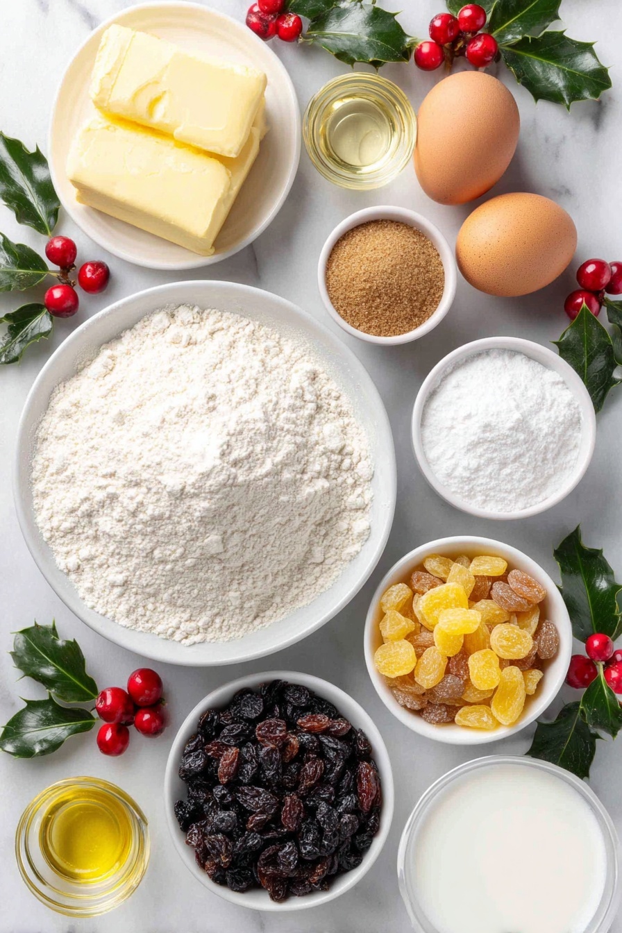 Flat lay of a small white ceramic bowl of all-purpose flour, a small white ceramic bowl with brown sugar, two whole uncracked brown eggs, a small white ceramic bowl of softened unsalted butter, a small white ceramic bowl of mixed dried fruit including raisins, currants, and chopped dried apricots, a small white ceramic bowl with smooth white powdered sugar, a small white ceramic bowl of whole milk, a small white ceramic bowl with clear golden brandy, a few sprigs of fresh edible holly leaves, and bright red maraschino cherries, all arranged with perfect symmetry and balanced proportions, placed on a clean white marble surface, soft natural light, photo taken with an iPhone, professional food photography style, fresh ingredients, white ceramic bowls, no bottles, no duplicates, no utensils, no packaging --ar 2:3 --v 7 --p m7354615311229779997 - Festive Christmas Pudding Cupcakes, Christmas pudding cupcakes, holiday cupcake recipes, Christmas dessert ideas, festive cupcake ideas