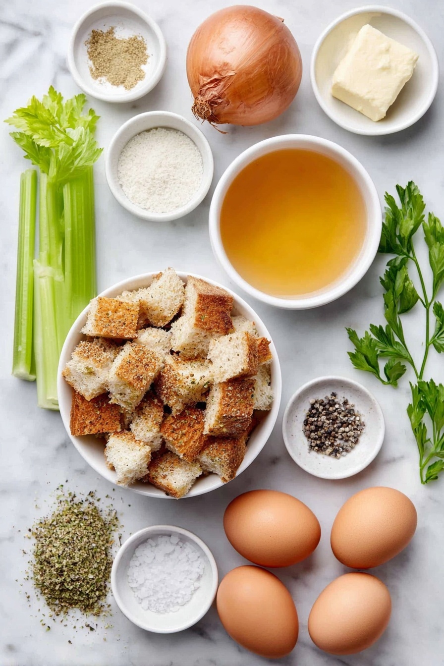 Flat lay of a small white ceramic bowl of dry seasoned bread cubes, a medium whole uncracked brown onion, two bright green celery ribs, a small white ceramic bowl with a portion of unsalted butter, two whole uncracked brown eggs with clean shells, a small white ceramic bowl of golden chicken broth, a little heap of dried poultry seasoning herbs, a small white ceramic bowl of fine garlic powder, a small white ceramic bowl of salt crystals, a small white ceramic bowl of black pepper, and a few sprigs of fresh green parsley placed neatly on a clean white marble surface, soft natural light, photo taken with an iPhone, professional food photography style, fresh ingredients, white ceramic bowls, no bottles, no duplicates, no utensils, no packaging --ar 2:3 --v 7 --p m7354615311229779997 - Stuffing Balls, Holiday Side Dishes, Easy Stuffing Balls, Crispy Stuffing Balls, Thanksgiving Side Dishes
