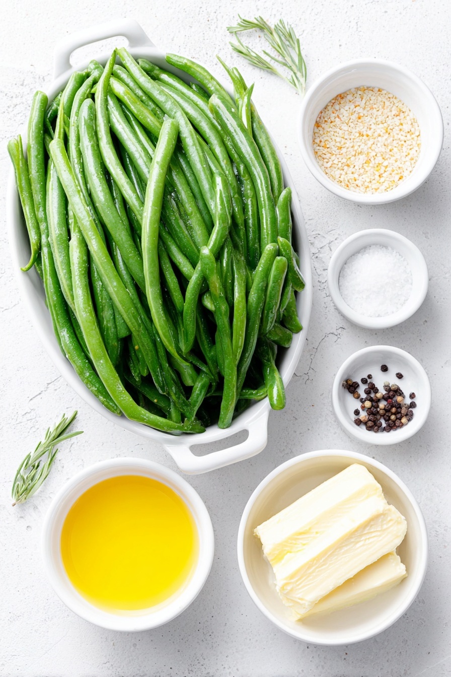 Flat lay of fresh green beans with ends trimmed, a small white ceramic bowl of coarse grain mustard with visible mustard seeds, a small white ceramic bowl of smooth Dijon mustard, a small white ceramic bowl containing melted golden butter, a small white ceramic bowl with lemon juice freshly squeezed, a few grains of kosher salt scattered beside a tiny mound, a small pile of whole black peppercorns, all arranged in perfect symmetry on a clean white ceramic surface, placed on a clean white marble surface, soft natural light, photo taken with an iPhone, professional food photography style, fresh ingredients, white ceramic bowls, no bottles, no duplicates, no utensils, no packaging --ar 2:3 --v 7 --p m7354615311229779997 - Green Beans with Mustard Butter Sauce, green beans side dish, quick vegetable recipes, easy green bean recipes, flavorful green bean side
