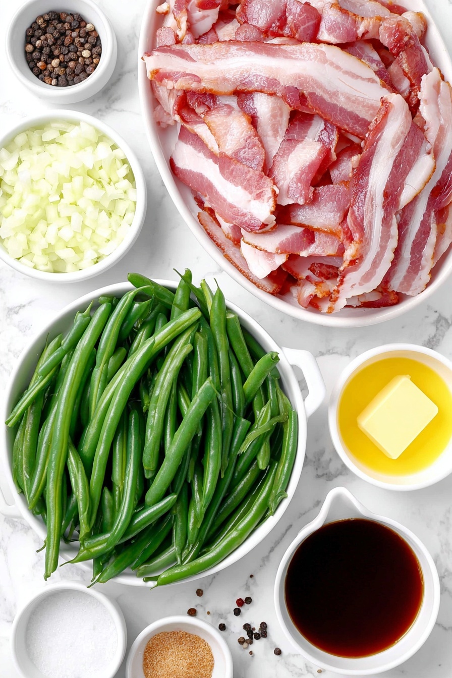 Flat lay of chopped crispy bacon slices, diced yellow onion in a small white bowl, a small white bowl of minced garlic, fresh green beans trimmed and cut into 1-inch pieces spread neatly, a small white bowl filled with golden butter, a small white bowl of dark brown Worcestershire sauce, a small white bowl with light brown granulated brown sugar, a small white bowl with clear vegetable broth, scattered salt crystals and whole black peppercorns, placed on a clean white marble surface, soft natural light, photo taken with an iPhone, professional food photography style, fresh ingredients, white ceramic bowls, no bottles, no duplicates, no utensils, no packaging --ar 2:3 --v 7 --p m7354615311229779997 - Crock Pot Green Beans with Bacon, easy green beans with bacon, slow cooker green beans, savory green bean side dish, bacon green beans recipe