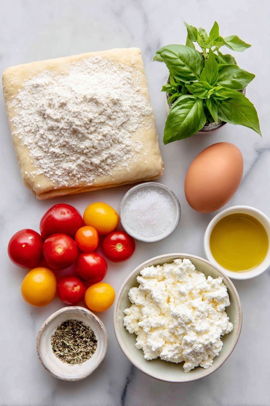 Flat lay of a fresh sheet of golden puff pastry, one whole uncracked brown egg, a small mound of creamy whole milk ricotta cheese on a simple white ceramic plate, a small white bowl filled with finely grated Parmigiano-Reggiano, a handful of bright green fresh basil leaves, a small white bowl of flaky sea salt crystals, a small white bowl of freshly ground black pepper, a few sprigs of dried oregano, a few sprigs of garlic powder in a small white bowl, a cluster of vibrant halved mini heirloom tomatoes in red, yellow, and orange hues, and a small white bowl of golden olive oil, all arranged in perfect symmetry on a clean white marble surface, soft natural light, photo taken with an iPhone, professional food photography style, fresh ingredients, white ceramic bowls, no bottles, no duplicates, no utensils, no packaging --ar 2:3 --v 7 --p m7354615311229779997 - Tomato Ricotta Puff Pastry Tartlets, savory puff pastry appetizer, easy tomato tart recipe, quick vegetarian tartlets, elegant brunch appetizers