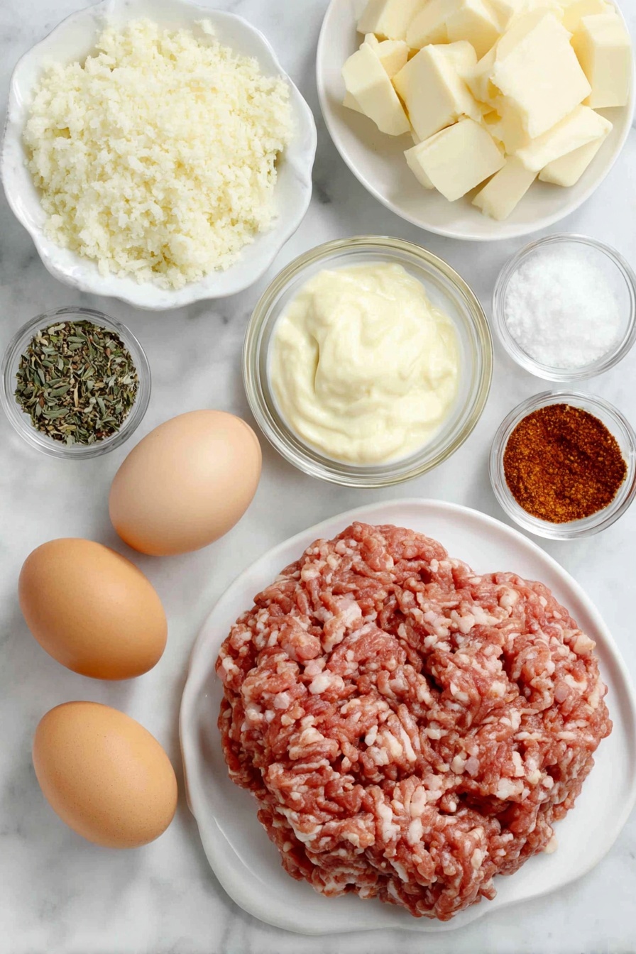 Flat lay of fresh raw ground chicken in a mound, finely chopped smoked ham scattered beside it, two whole brown eggs with clean shells, small white ceramic bowls each containing garlic powder, onion powder, smoked paprika, dried thyme, salt, and freshly ground black pepper, a small white ceramic bowl filled with creamy Dijon mustard, a neat pile of golden Panko bread crumbs on a white ceramic plate, Swiss cheese cut into perfect half-inch cubes arranged neatly on a white ceramic dish, all ingredients arranged symmetrically with balanced proportions, placed on a clean white marble surface, soft natural light, photo taken with an iPhone, professional food photography style, fresh ingredients, white ceramic bowls, no bottles, no duplicates, no utensils, no packaging --ar 2:3 --v 7 --p m7354615311229779997 - Cheese-Stuffed Chicken Cordon Bleu Bites, Chicken Cordon Bleu appetizer, cheesy chicken bites, party appetizer recipes, easy chicken appetizer