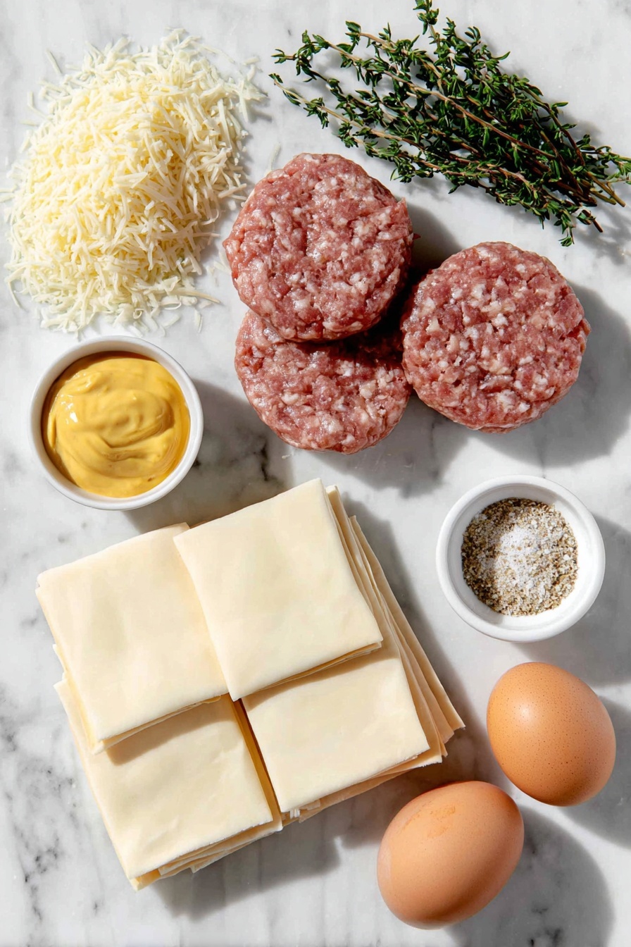 Flat lay of breakfast pork and sage sausage raw and unprocessed, a small mound of freshly grated sharp cheddar cheese, a small heap of golden panko breadcrumbs, two whole uncracked brown eggs, a small white ceramic bowl of bright yellow Dijon mustard, fresh green thyme sprigs with loose leaves, four rectangular sheets of pale puff pastry neatly stacked, a small white ceramic bowl filled with coarse Everything but the Bagel seasoning, a small white ceramic bowl holding glossy amber hot honey, all arranged in perfect symmetry on a clean white marble surface, soft natural light, photo taken with an iPhone, professional food photography style, fresh ingredients, white ceramic bowls, no bottles, no duplicates, no utensils, no packaging --ar 2:3 --v 7 --p m7354615311229779997 - Hot Honey Sausage Rolls with Thyme, savory sausage puff pastry, spicy honey appetizers, flaky sausage pastry, thyme-flavored finger foods