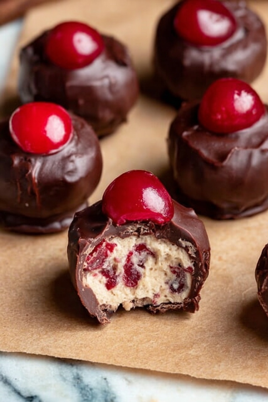 The image shows several small round treats on a brown paper surface with a white marbled background. Each treat has three layers: the outer layer is dark, shiny chocolate with a slightly bumpy texture. Inside, the middle layer is creamy and light-colored with visible tiny red bits, suggesting a soft filling. The top layer is a bright red cherry sitting on each chocolate ball. One treat in front is bitten into, exposing the creamy middle and cherry pieces inside. Photo taken with an iphone --ar 2:3 --v 7 - Cherry Bourbon Balls, Cherry Bourbon Balls recipe, no-bake bourbon treats, festive chocolate truffles, holiday party desserts