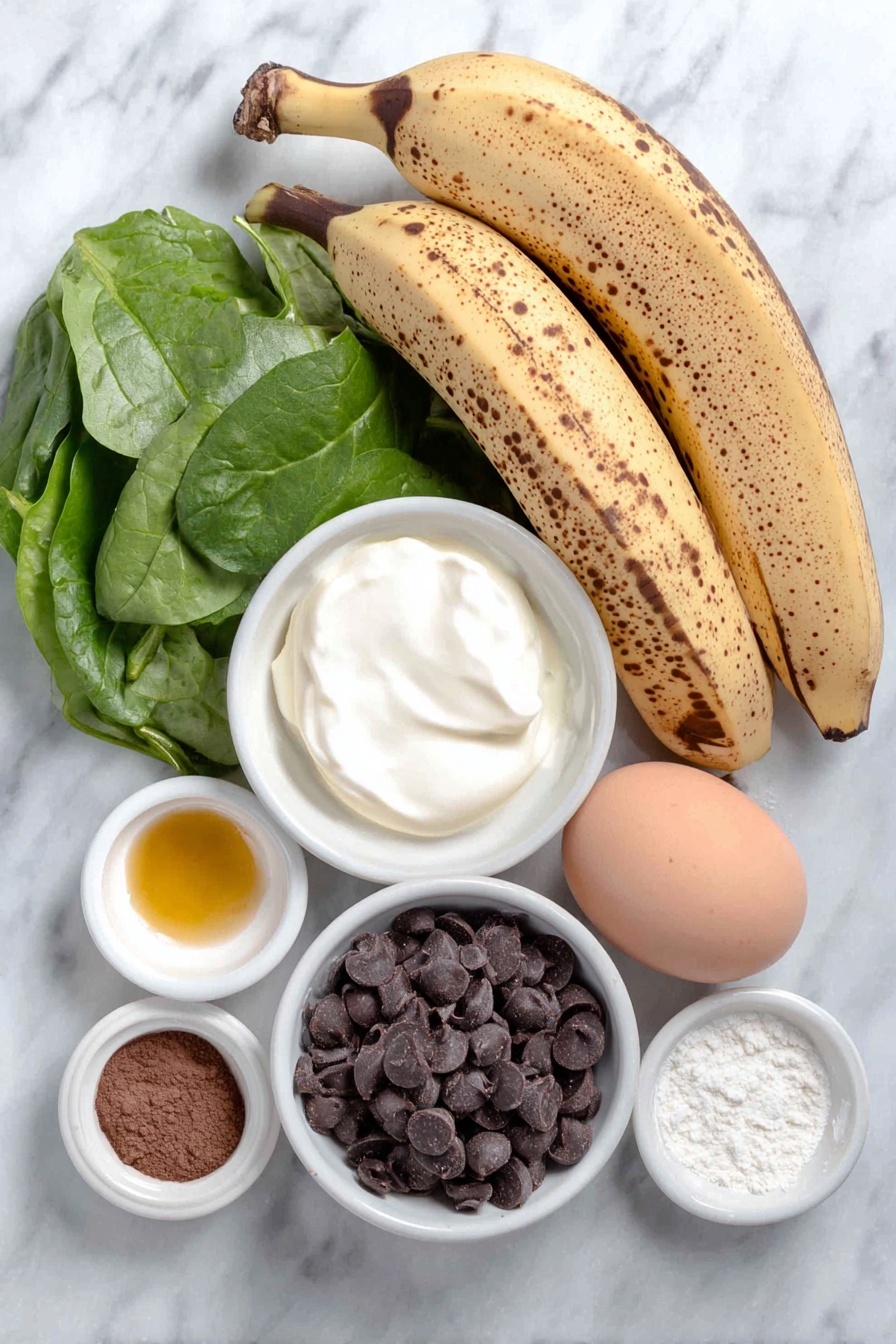 Flat lay of three very ripe bananas with smooth brown spots, two large handfuls of fresh vibrant green baby spinach leaves, a single whole uncracked brown egg, a small white ceramic bowl of creamy white full-fat Greek yogurt, a small white ceramic bowl of amber-colored oil, a small white ceramic bowl of light brown granulated sugar, a small white ceramic bowl of fine white whole wheat flour, a small white ceramic bowl of dark brown cocoa powder, a small white ceramic bowl of smooth pale beige vanilla extract, a small white ceramic bowl of fine sea salt crystals, and a small white ceramic bowl of shiny semi-sweet dark chocolate chips placed on a clean white marble surface, soft natural light, photo taken with an iPhone, professional food photography style, fresh ingredients, white ceramic bowls, no bottles, no duplicates, no utensils, no packaging --ar 2:3 --v 7 --p m7354615311229779997 - Chocolate Spinach Muffins, healthy chocolate muffins with spinach, sneaky greens muffin recipe, moist chocolate banana muffins, nutritious vegetable muffins