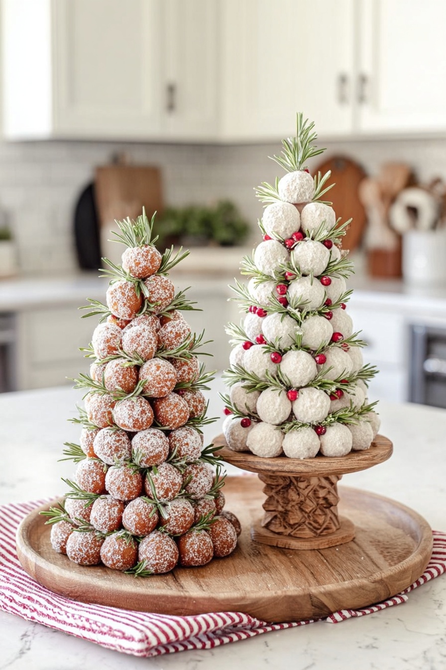 The image shows two cone-shaped towers made of small round balls stacked in neat layers on a round wooden tray with a red-striped cloth on the side. The left tower is made of brown doughnut balls dusted with white powder and decorated with green sprigs of rosemary evenly spaced throughout the layers. The right tower consists of white powdered balls arranged in similar layers with small red berries and sprigs of rosemary tucked between the layers, all standing on a carved wooden pedestal on the tray. The scene is set on a white marbled counter with a blurred kitchen background. photo taken with an iphone --ar 2:3 --v 7 - Christmas Donut Tree, festive holiday desserts, holiday donut decorations, easy Christmas treats, edible Christmas decor