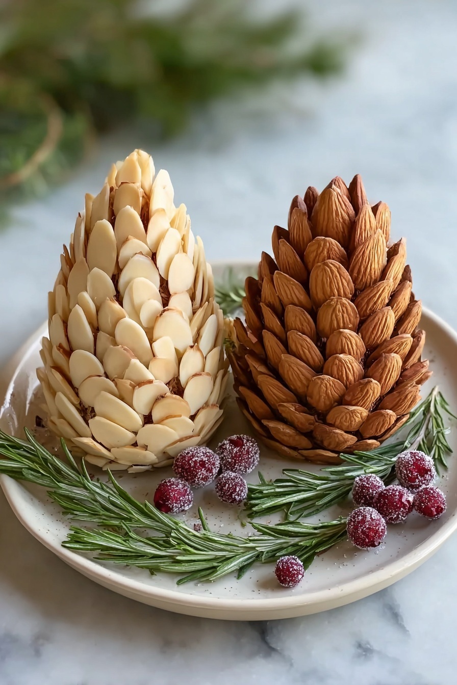 Two pine cone shaped treats sit on a white plate with a white marbled surface background. The left pine cone is covered in pale, thin almond slices layered closely together from the base to the pointed top. The right pine cone is covered in whole brown almonds layered similarly. Between and around the pine cones there are sprigs of green rosemary and small, sugar-coated red berries that add contrast and a festive look. Photo taken with an iphone --ar 2:3 --v 7 - Pinecone Cheese Ball with Almonds and Rosemary, festive cheese ball, appetizer ideas, party cheese platter, elegant cheese appetizer
