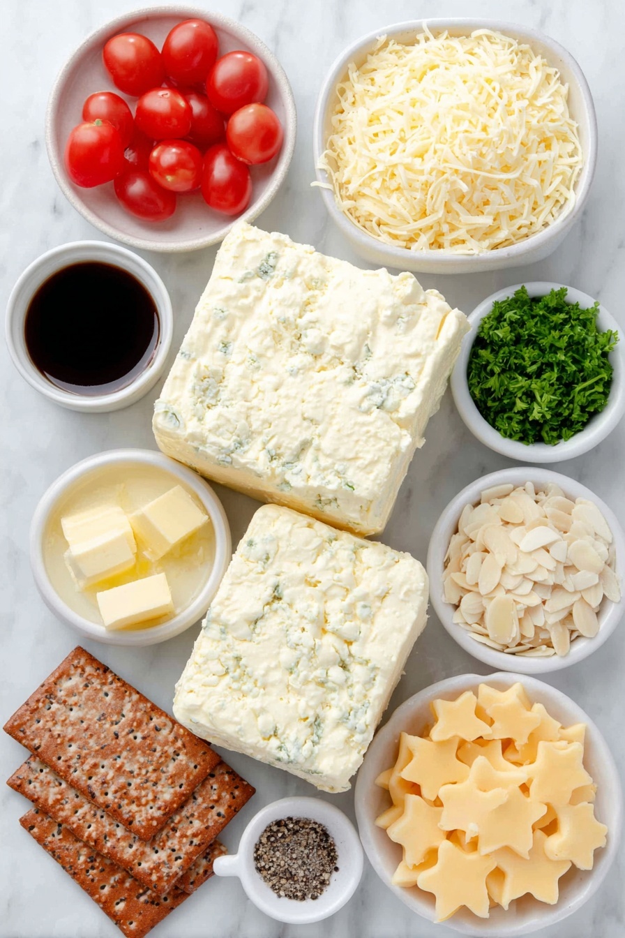 Flat lay of two blocks of soft cream cheese, a small mound of finely shredded bright orange cheddar cheese, a few chopped green onions, a small white bowl of diced red pimientos, a small white bowl with melted golden butter, a small white bowl of Worcestershire sauce, a small white bowl containing pale garlic powder, a small white bowl of coarse kosher salt, a small white bowl of ground black pepper, a dozen halved shiny red cherry tomatoes, a small pile of finely chopped fresh green parsley, a small pile of thinly sliced almonds, a bright yellow pepper cut into star-shaped pieces, assorted crackers and pretzels arranged neatly, all placed on a clean white marble surface, soft natural light, photo taken with an iPhone, professional food photography style, fresh ingredients, white ceramic bowls, no bottles, no duplicates, no utensils, no packaging --ar 2:3 --v 7 --p m7354615311229779997 - Christmas Tree Cheeseball, festive cheeseball, holiday appetizer, Christmas party appetizer, easy Christmas cheese ball