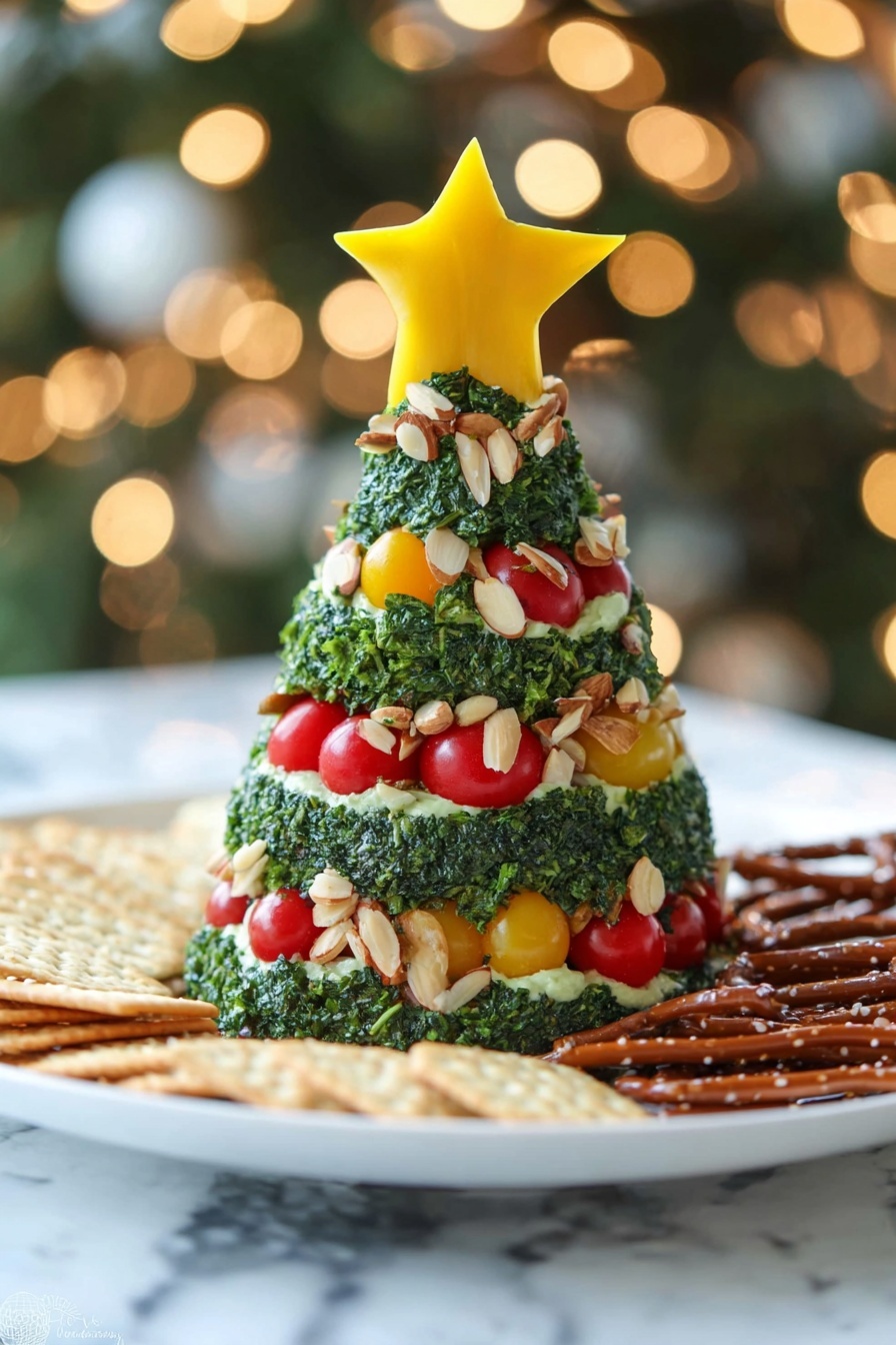 The dish shows a Christmas tree-shaped food sculpture with three main visible layers covered in chopped green herbs. The base layers are decorated with thin slices of light brown almonds arranged like garlands, with bright red cherry tomatoes and small yellow diced pieces like bell peppers placed all over the tree. The top of the tree is finished with a large, star-shaped yellow piece. The tree sits on a white plate with round crackers and dark brown pretzel sticks placed around its base, all on a white marbled surface with warm blurred lights in the background. Photo taken with an iphone --ar 2:3 --v 7 - Christmas Tree Cheeseball, festive cheeseball, holiday appetizer, Christmas party appetizer, easy Christmas cheese ball
