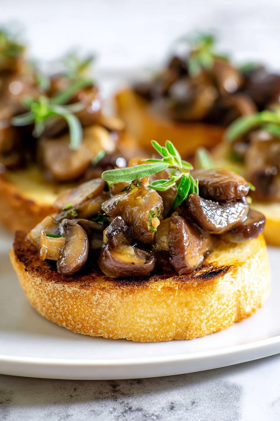 The image shows a close-up of a small round toast slice as the base, golden brown with light grill marks and a slightly rough texture. On top of the toast is a generous layer of sautéed mushrooms in varying shades of brown, some shiny from oil, with a mix of small and large mushroom pieces creating a textured and chunky look. The mushrooms are garnished with small fresh green herb sprigs placed on top, adding a pop of color. The toast with mushrooms is placed on a white plate set against a white marbled background. photo taken with an iphone --ar 2:3 --v 7 - Mushroom Thyme Crostini, mushroom appetizer, savory crostini, quick party appetizer, mushroom and thyme snack
