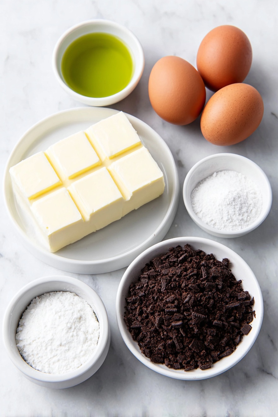 Flat lay of a small mound of dark Oreo cookie crumbs, a few small cubes of pale yellow melted butter on a plain white ceramic plate, two smooth whole brown eggs with clean shells, a soft block of creamy white cream cheese resting on a simple white ceramic dish, a small white ceramic bowl filled with fine white granulated sugar, a small white ceramic bowl holding neon green liquid food coloring, and a small white ceramic bowl of clear vanilla extract, all arranged with perfect symmetry and balanced proportions, placed on a clean white marble surface, soft natural light, photo taken with an iPhone, professional food photography style, fresh ingredients, white ceramic bowls, no bottles, no duplicates, no utensils, no packaging --ar 2:3 --v 7 --p m7354615311229779997 - Grinch Mini Cheesecakes, Festive Christmas Cheesecakes, Green Holiday Dessert, Cute Mini Cheesecake Ideas, Holiday Party Dessert Recipes