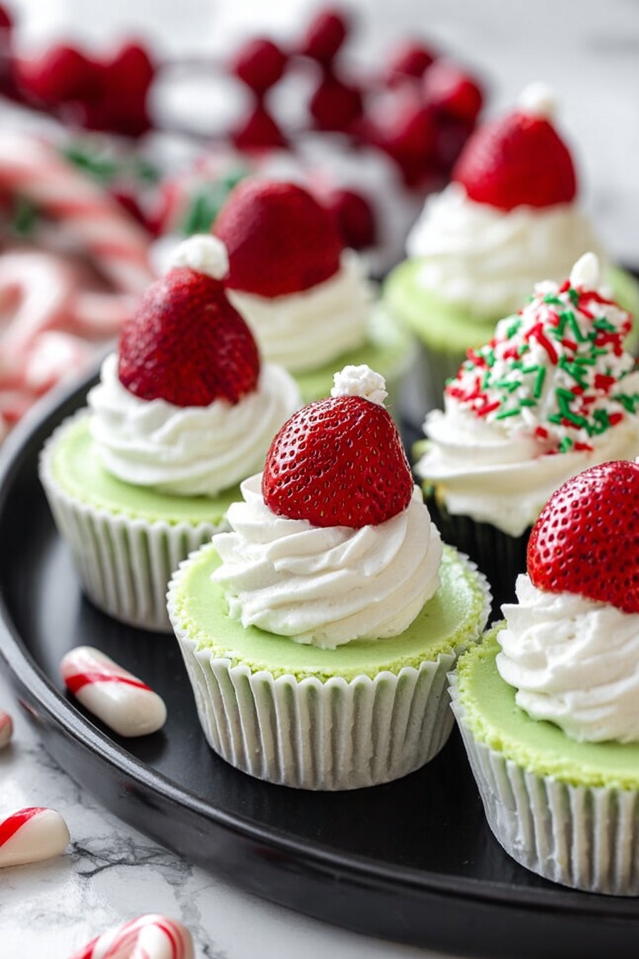 The image shows several mini green cheesecakes in white cupcake liners arranged on a dark round plate placed on a white marbled surface. Each cheesecake has a smooth pale green layer topped with white whipped cream. Some cheesecakes are decorated with whole red strawberries placed on top of a swirl of whipped cream, resembling little Santa hats. One cheesecake in the background has whipped cream topped with red and green sprinkles. The background also includes red berries and white peppermint candies blurred out. Photo taken with an iphone --ar 2:3 --v 7 - Grinch Mini Cheesecakes, Festive Christmas Cheesecakes, Green Holiday Dessert, Cute Mini Cheesecake Ideas, Holiday Party Dessert Recipes