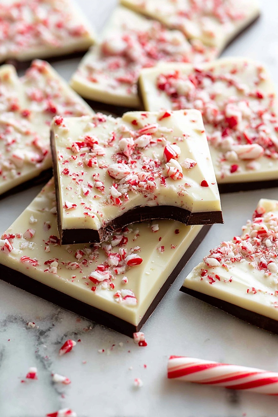 The image shows pieces of layered peppermint bark arranged on a white marbled surface. Each piece has three visible layers: a bottom smooth milk chocolate layer in dark brown, a middle thin line of dark chocolate, and a top creamy white chocolate layer. The white chocolate layer is sprinkled generously with crushed red and white peppermint candy pieces, adding a rough texture and vibrant red highlights. One piece in the center has a bite taken out, revealing the layers clearly. A whole peppermint stick is visible near the bottom right. photo taken with an iphone --ar 2:3 --v 7 - Peppermint White Chocolate Bark, festive holiday treats, easy holiday dessert, peppermint candy bark, white chocolate Christmas snack